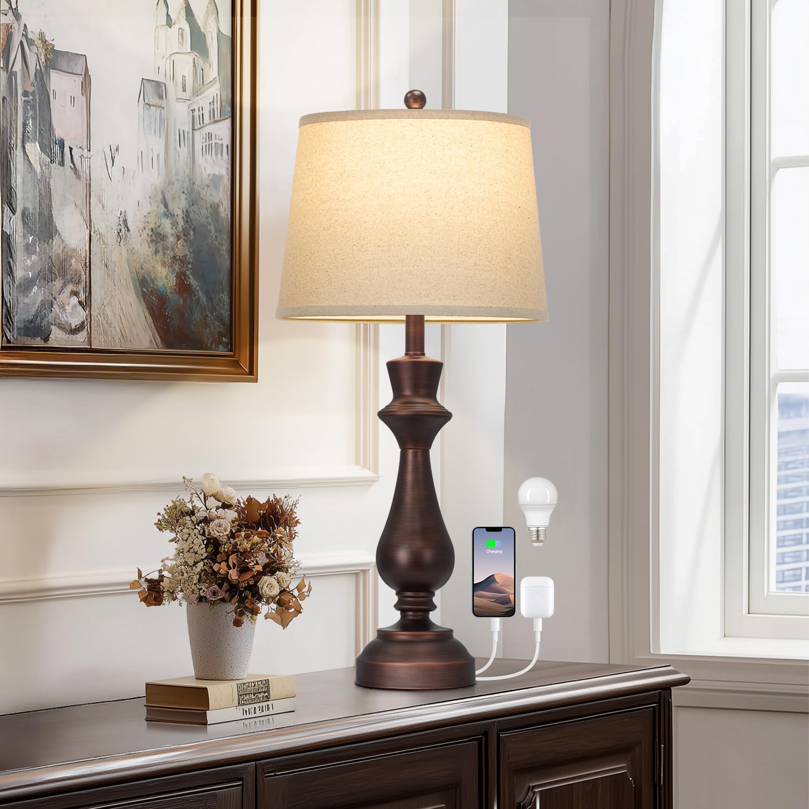 Cinkeda Touch Lamps for Night Stand- 29.5 Tall Bedside Lamp with USB C+A  3 Way Dimmable Bedroom Lamps  Vintage Brown Table Lamps for Living Room Single Brown
