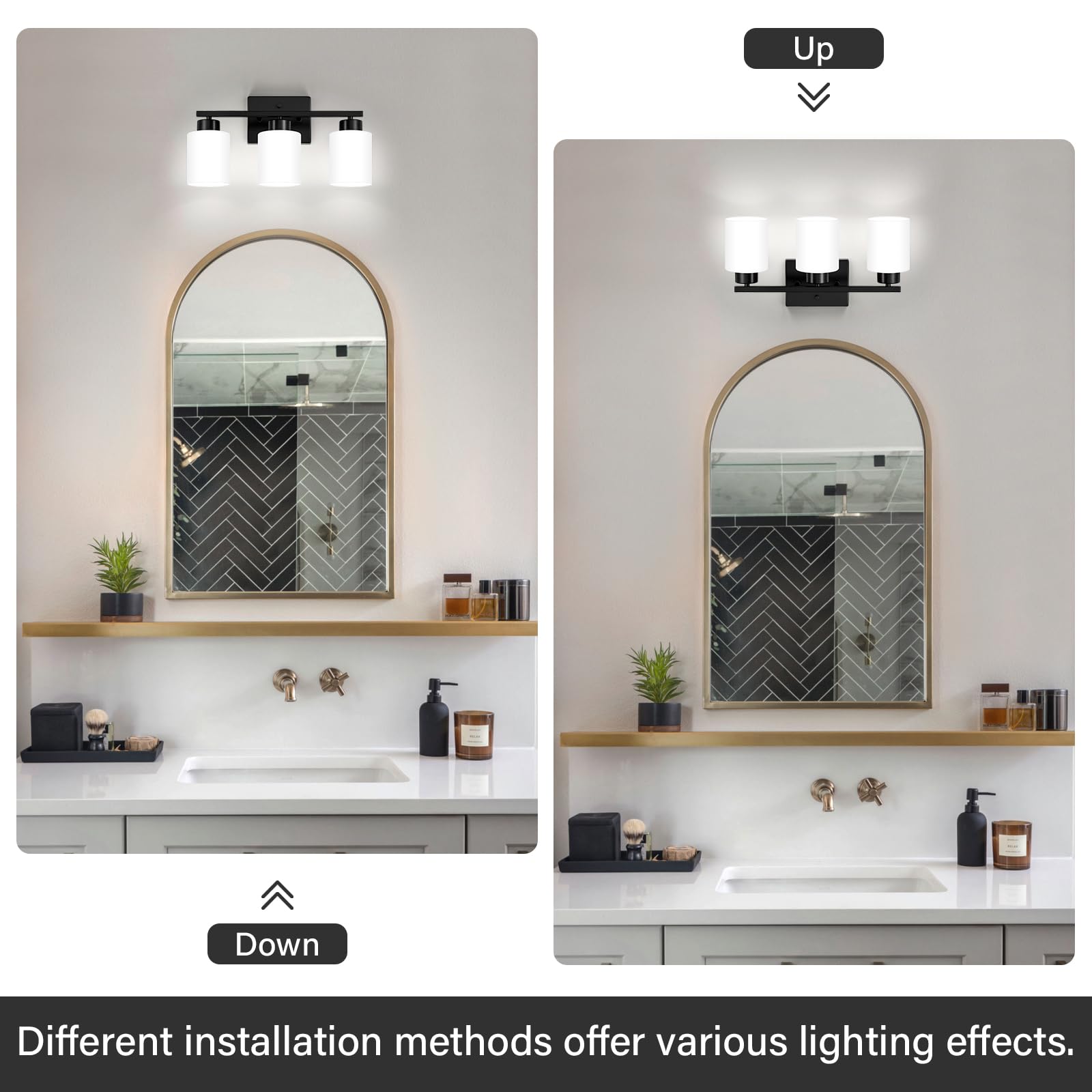Fonmyim Black Bathroom Light Fixtures, 3-Light Modern Vanity Light Over Mirror, Wall Sconces With Milky White Frosted Glass Shad
