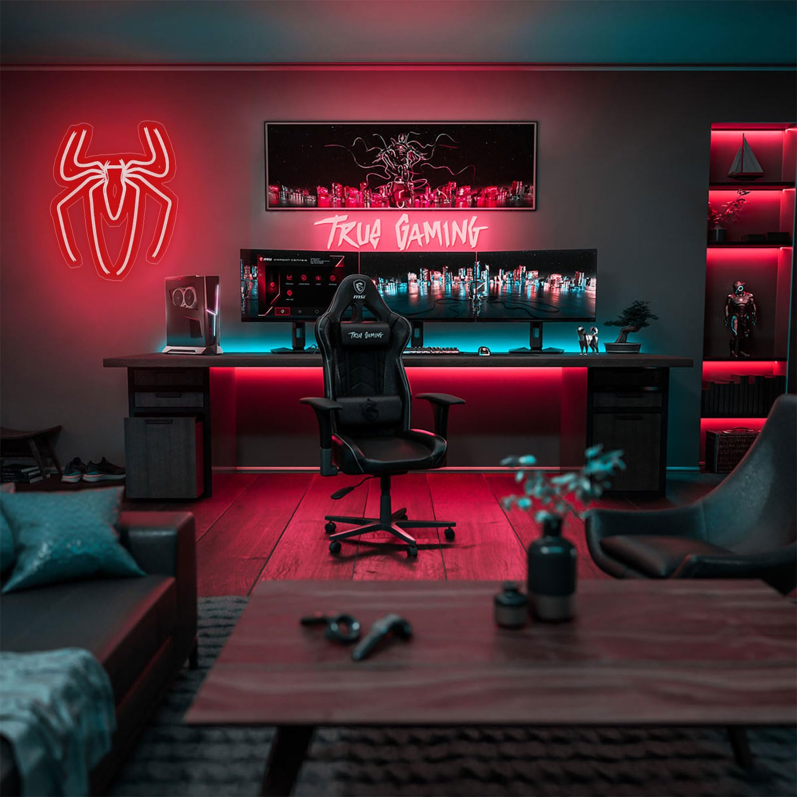 Spider Anime Room Decor Neon Sign - 3 Brightness Adjustments Usb Powered Cute Spider Lamp For Boys Bedroom Wall Night Light, Happy Birthday Gift For Kids, Halloween Decoration (Red)