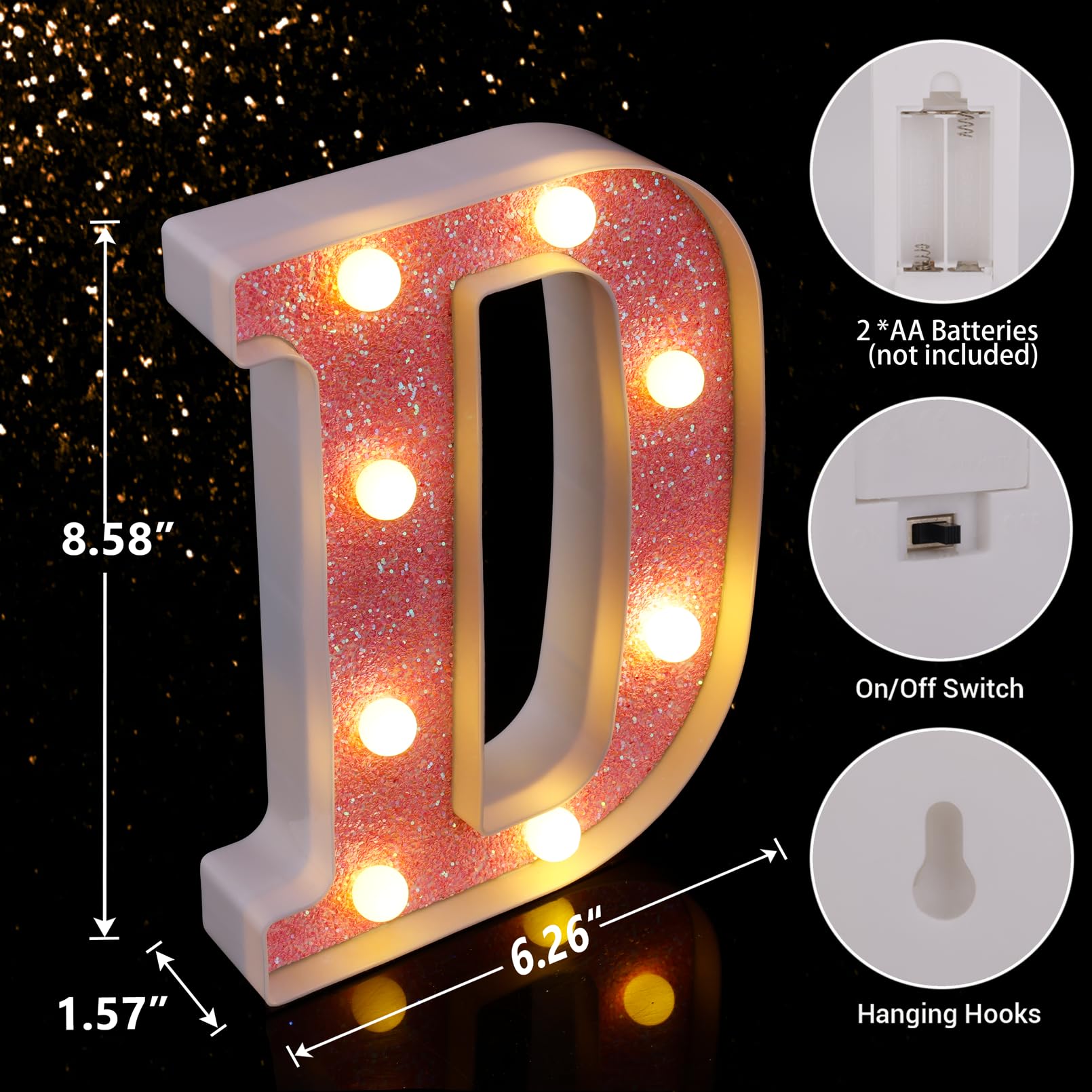 TRONSBOO LED Letter Light D - Pink Glitter Marquee Sign, Battery Powered, 6.26in x 8.58in, Plastic, Home Party Decoration