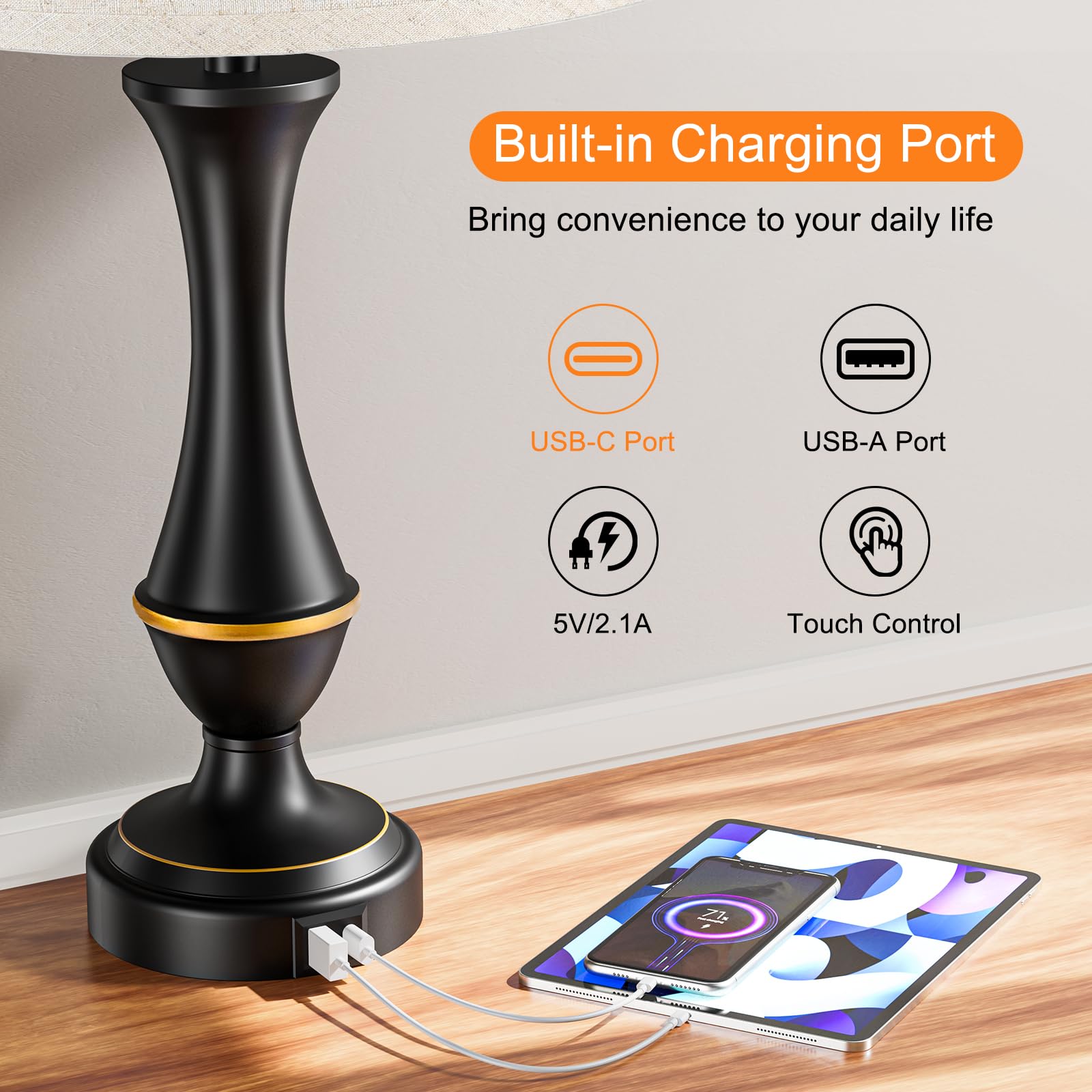 Seealle Upgraded Touch Lamps Set of 2 - 3 Way Dimmable Bedside Lamps with USB C+A, Beige Shade & Black Base