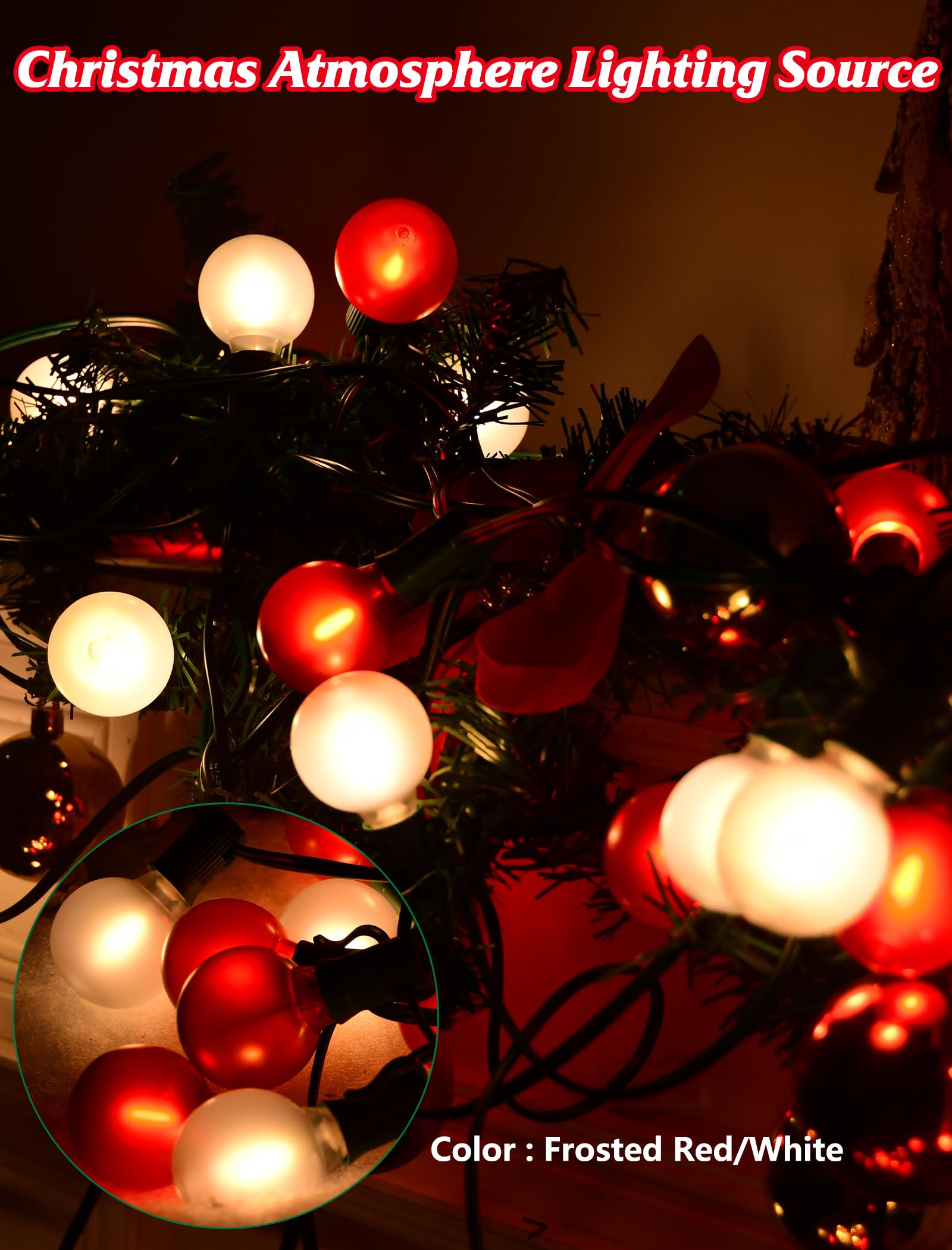 SUNSGNE G40 LED Christmas Globe Lights - 50FT Frosted Red & White Bulbs for Indoor/Outdoor Holiday Decor, Model ULP(7)-LR(25)(0.6W