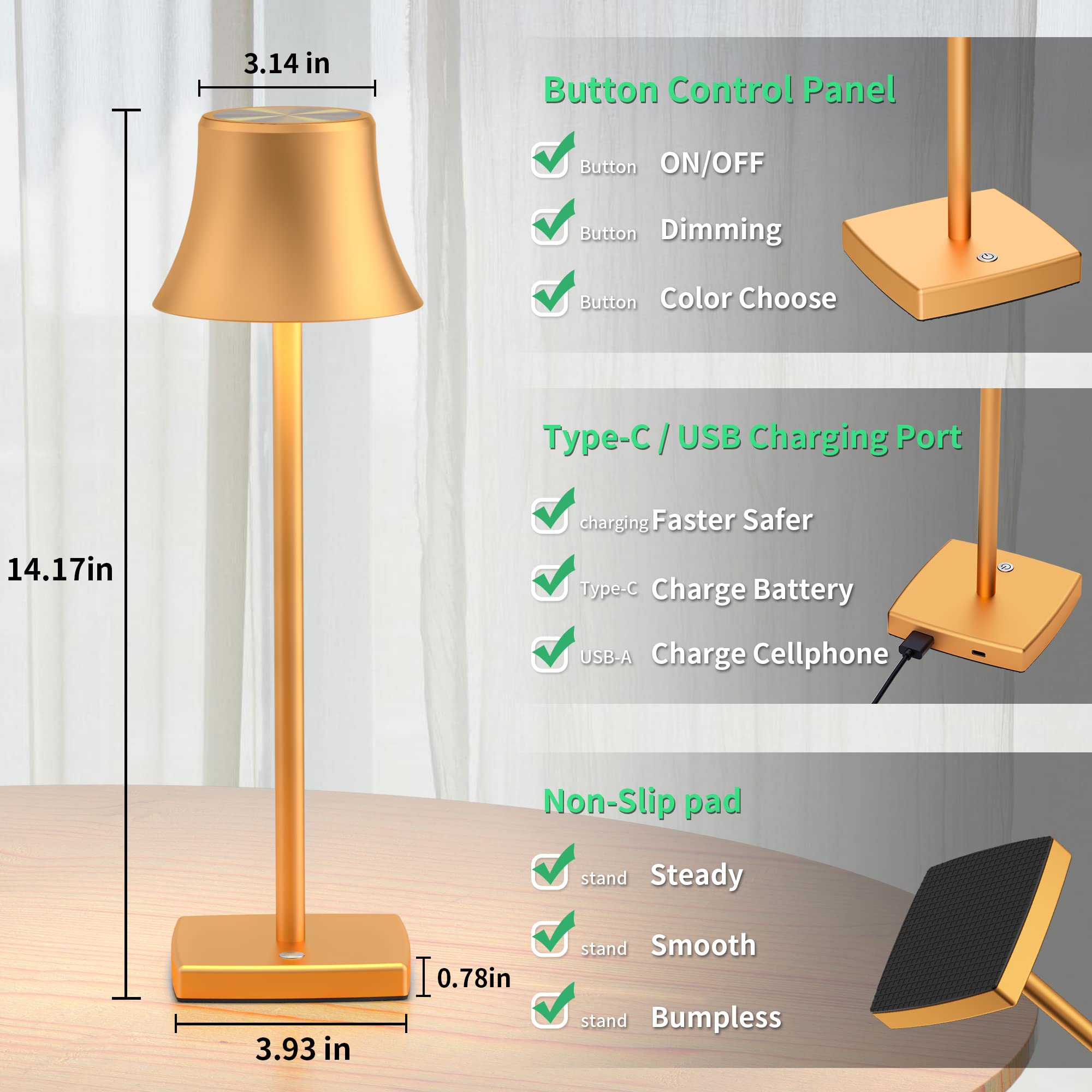 SAKRINGT 2 Pack LED Cordless Table Lamps, Rechargeable, 5000mAh, 3 Color Stepless Dimming, Aluminum, Gold, Model S807