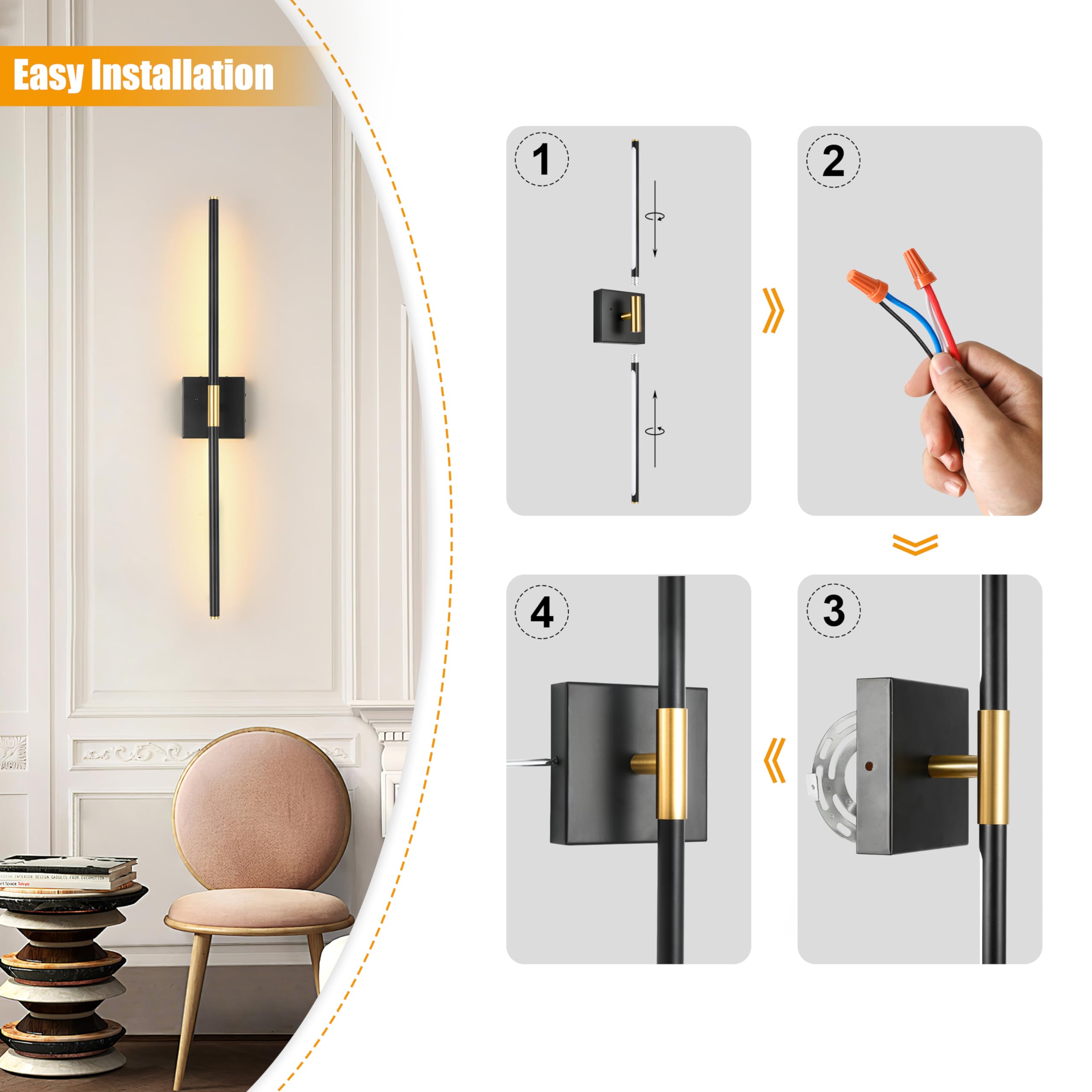Morauroral Wall Sconces Set Of 2, Modern Hardwired Sconces Wall Decor, 24 Inch Dimmable Sconces Wall Lighting, Black Gold Wall L