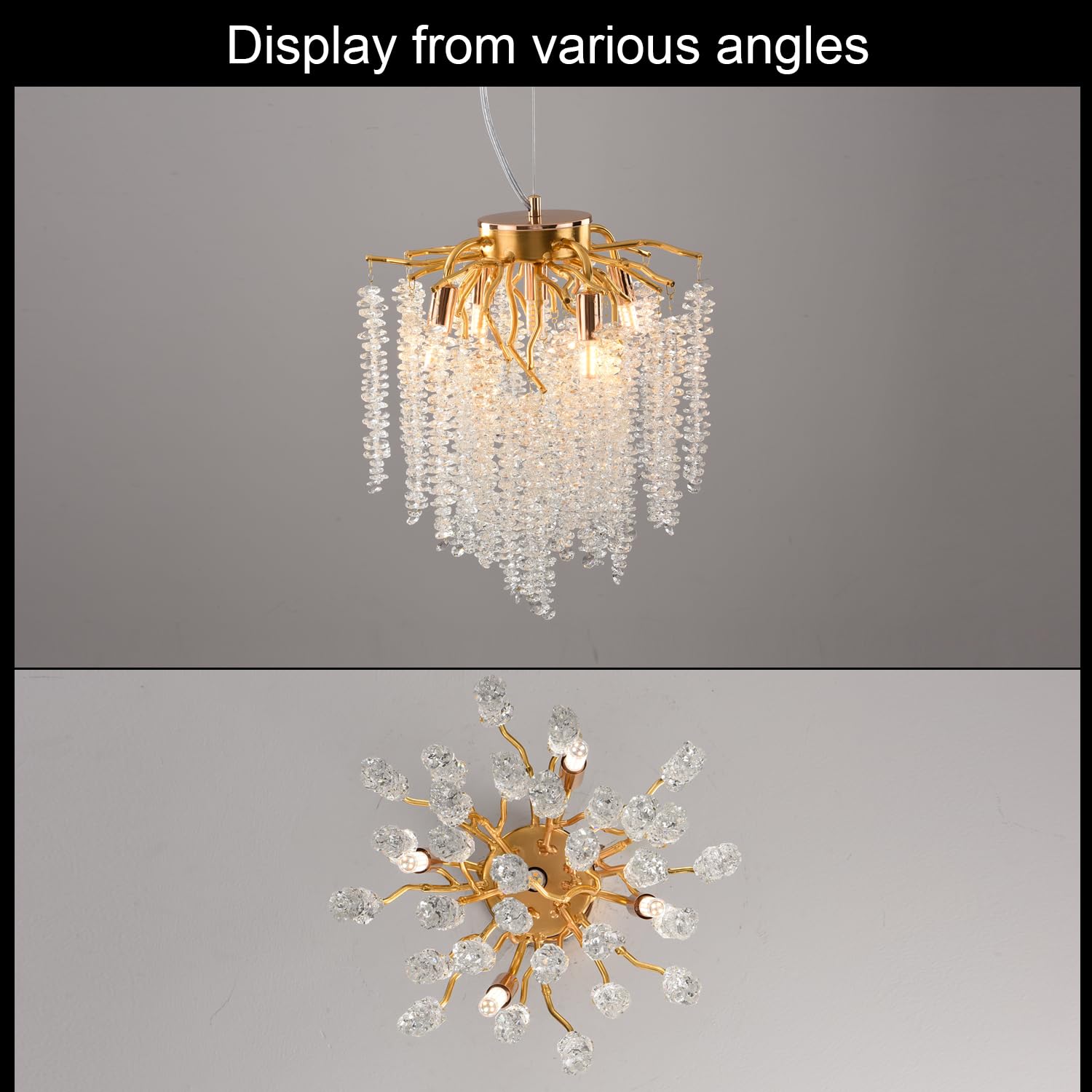 Puvaue Crystal Tree Branch Chandelier, Gold Round Raindrop Pendant Light, Dia 12", for Bedroom, Living Room, Dining Room, Entryway