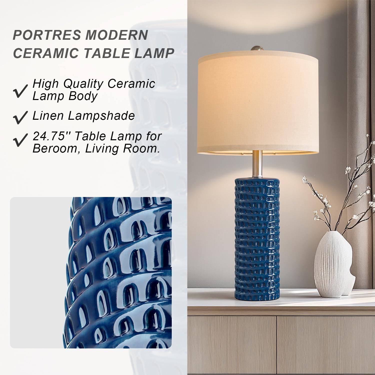 PORTRES 24.75" Modern Ceramic Table Lamp Set of 2 - Blue Accent Lamps for Bedroom, Living Room, Office, Study Room, Farmhouse Decor