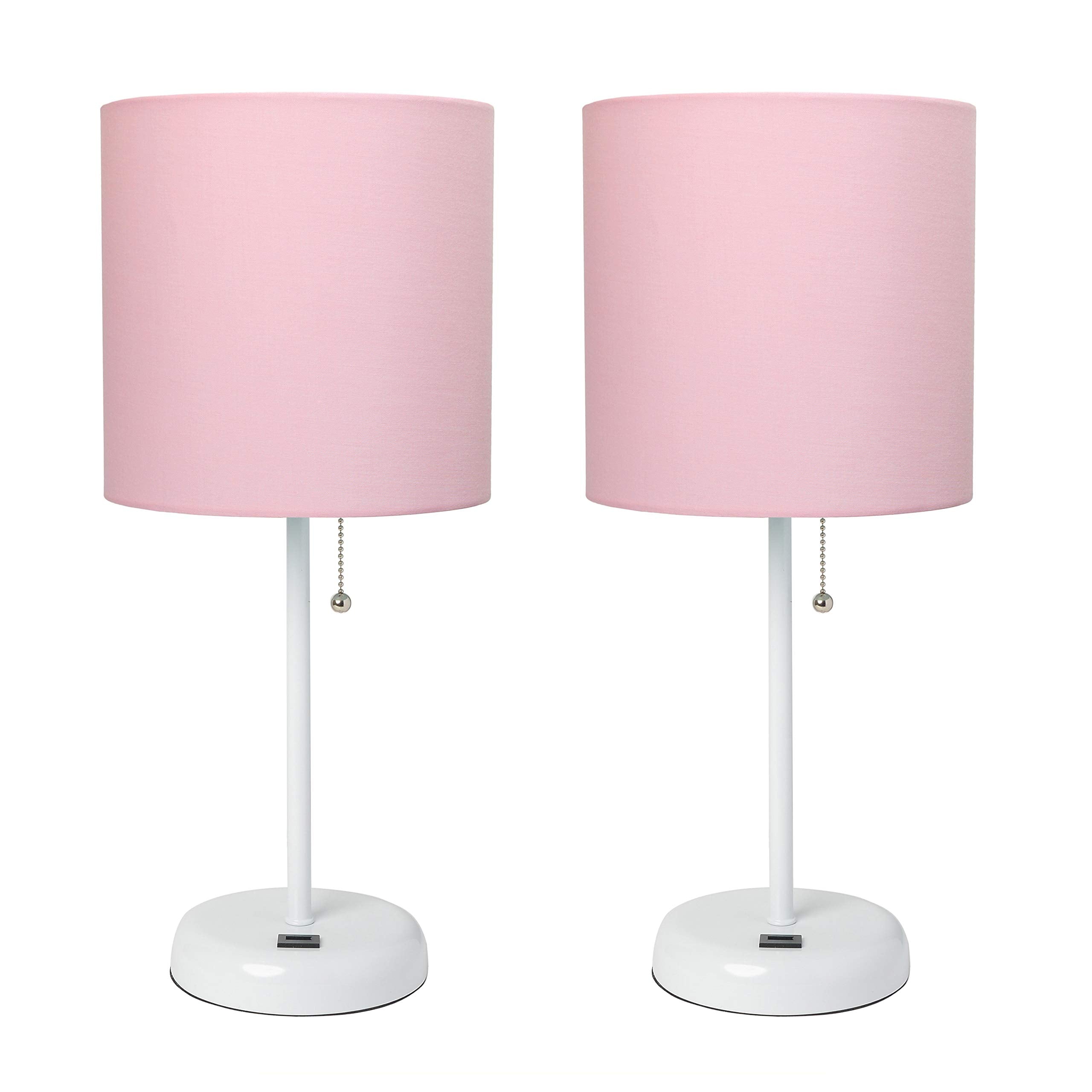 Simple Designs Lc2002-Pow-2Pk White Stick Table Lamp Set With Usb Charging Port And Light Pink Fabric Shades, 2 Pack Set