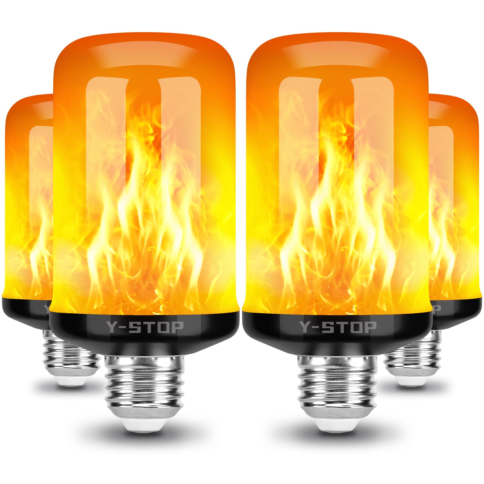 Y-STOP LED Flame Light Bulbs, 4 Modes Flickering, E26 Base, 4 Count, Black-4 Pack, Plastic, Ideal for Halloween & Christmas Decor