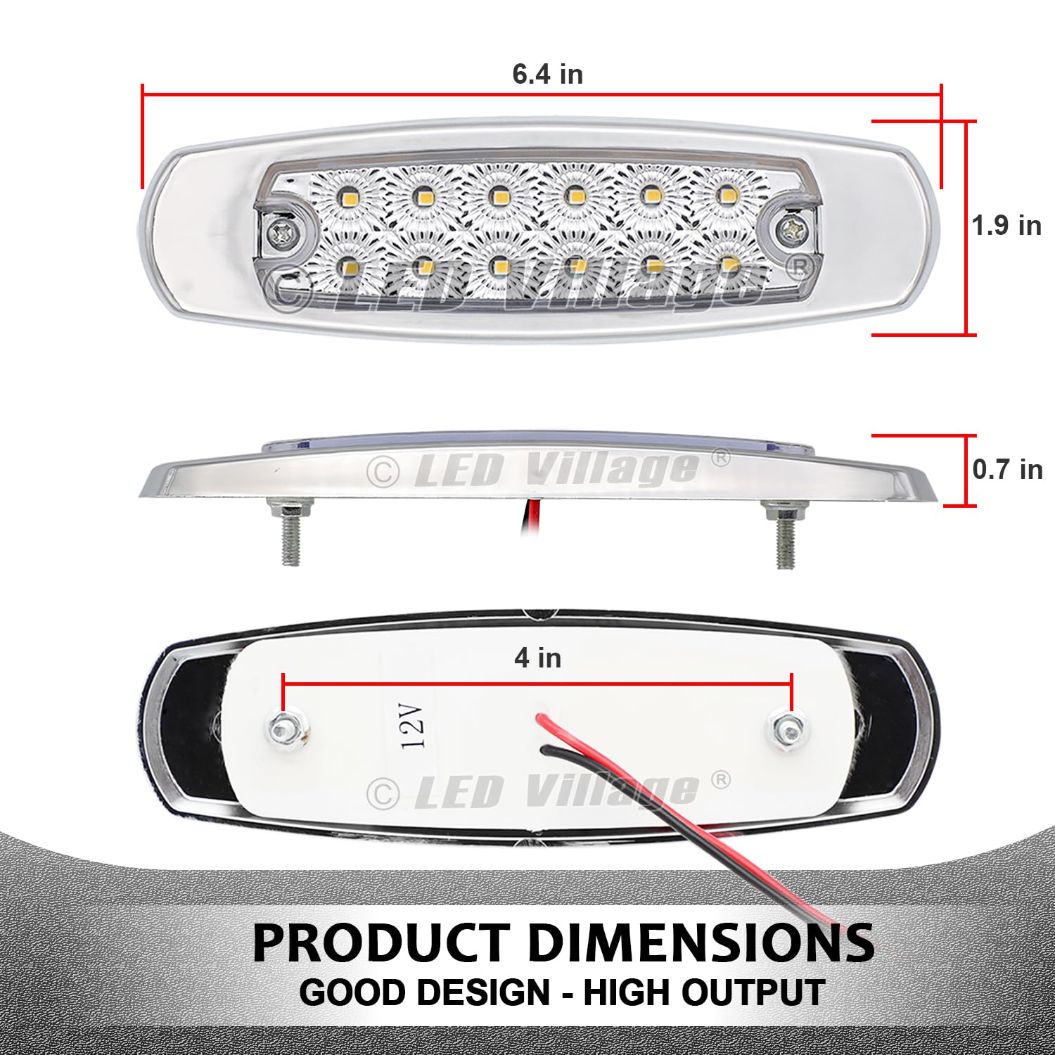 Ledvillage 30 Pcs 12V Dc 6.4 Inch Clear Lens 10 Amber + 10 Red + 10 White 12 Led Clearance Lamps W/Chrome Sealed Flush Mount Sid