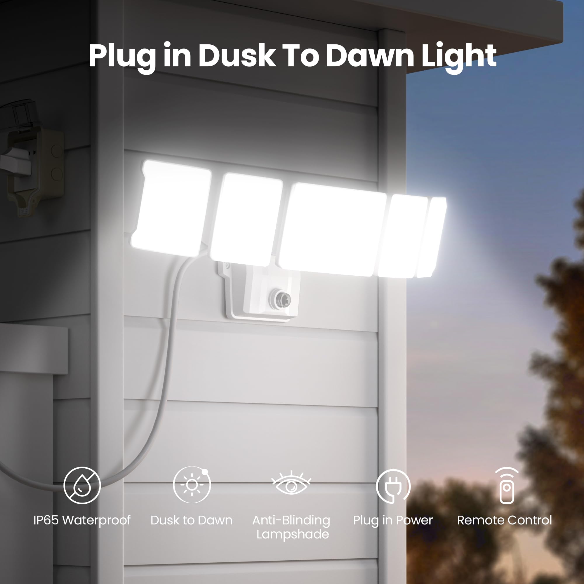 Olafus 100W LED Flood Lights with Remote, 5 Adjustable Heads, IP65 Waterproof, Dusk to Dawn Outdoor Security Light, White