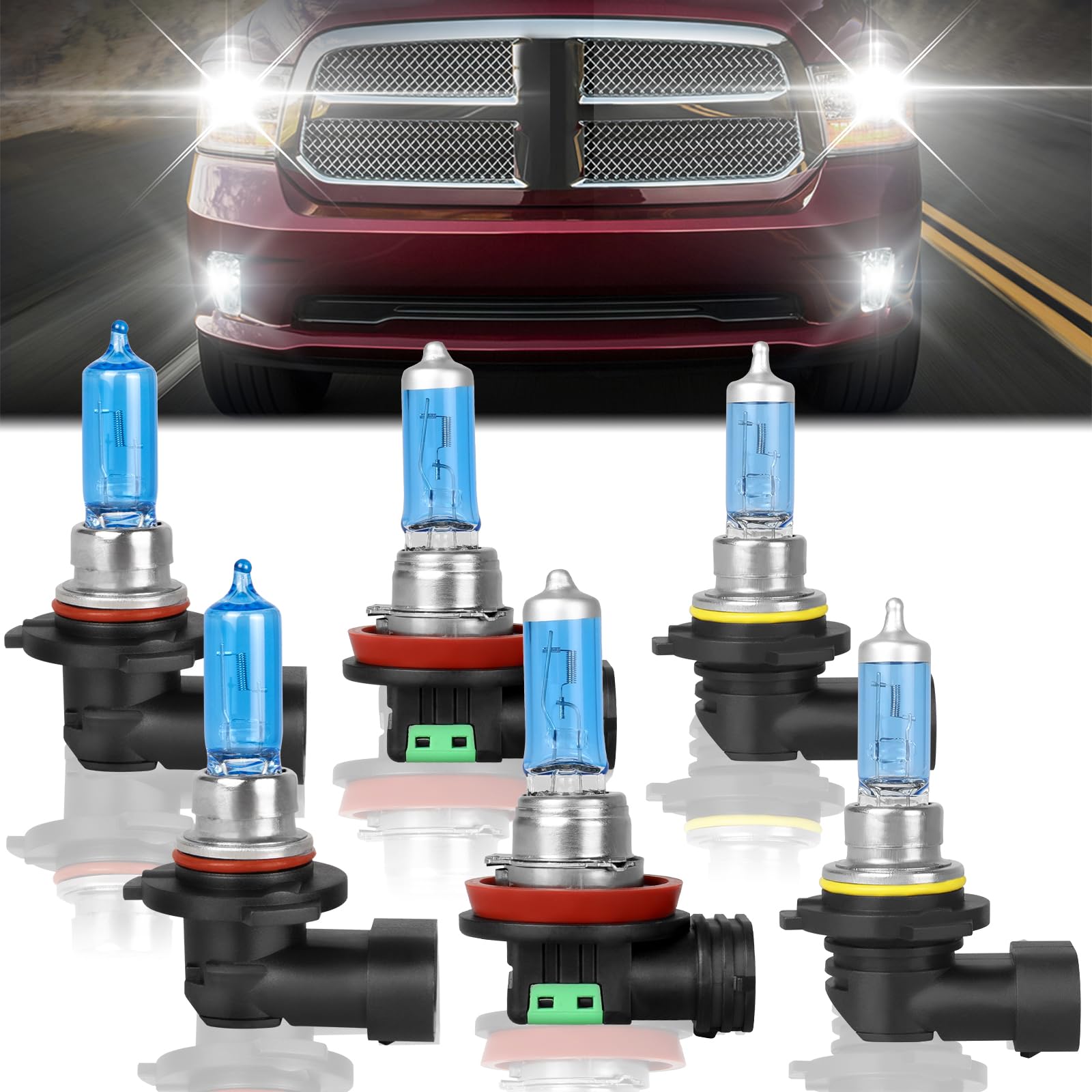 XRDHJI Halogen Headlight Bulb Kit, 9005 High Beam + H11 Low Beam + 9006 Fog Light, Silvery, Fits Dodge Ram 1500 2500