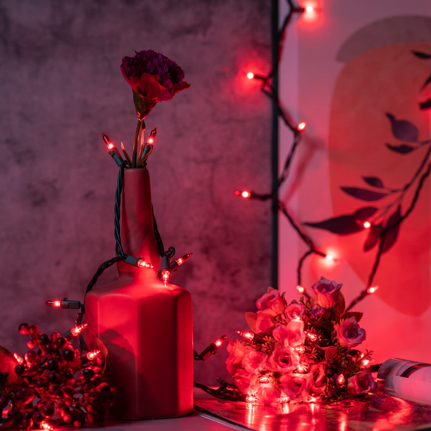 Yuletime Red Christmas Lights With Green Wire, 66 Feet 200 Count Ul Certified String Lights, Pack Of 2 Sets 33 Ft 100 Count Incandescent Mini Light Set (Red)