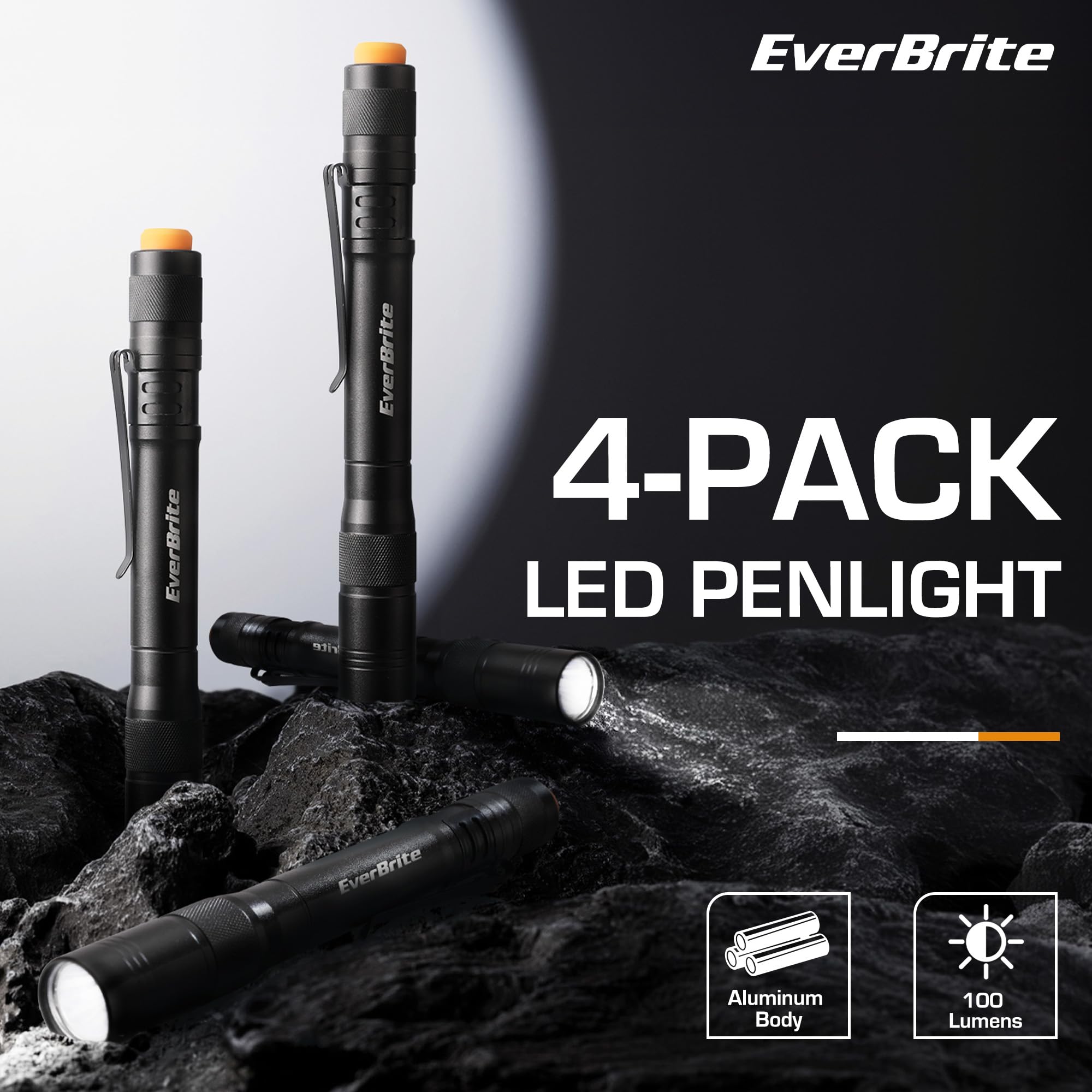 EverBrite 100LM Aluminum LED Pen Flashlights, Black, Pack of 4 with Clip, Includes 8 AAA Batteries, Model E101126AE