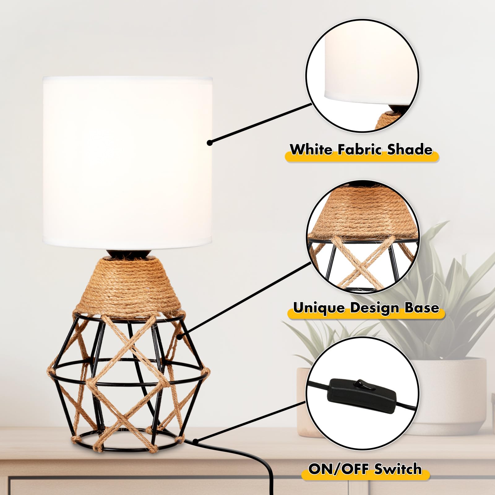 Hamilyeah Table Lamps Set Of 2, Woven Lamps For Nightstand With On/Off Switch, Farmhouse Bedside Lamps With White Fabric Shade,