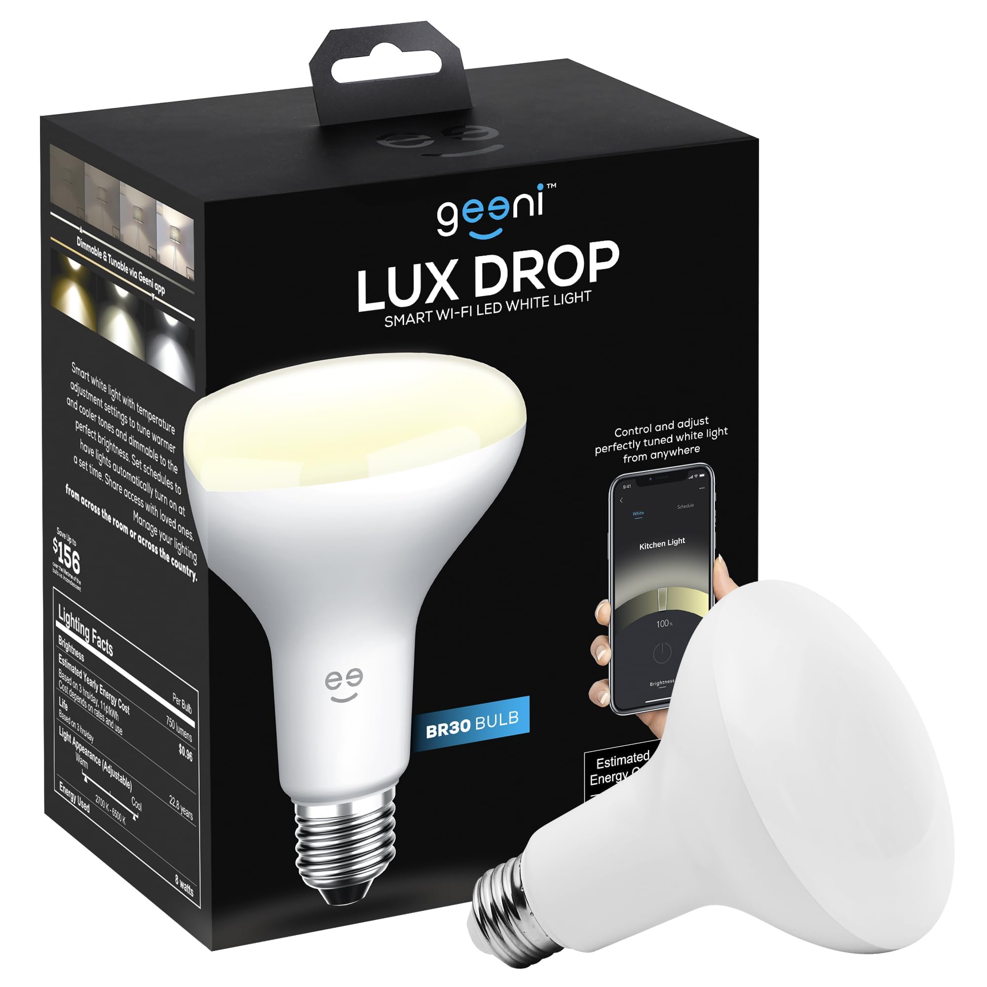 Geeni LUX DROP Wi-Fi LED Light Bulb, Tunable White (2700K-6500K), 1-Pack - Dimmable BR30 Bulb, 65-Watt Equivalent - No Hub Requi