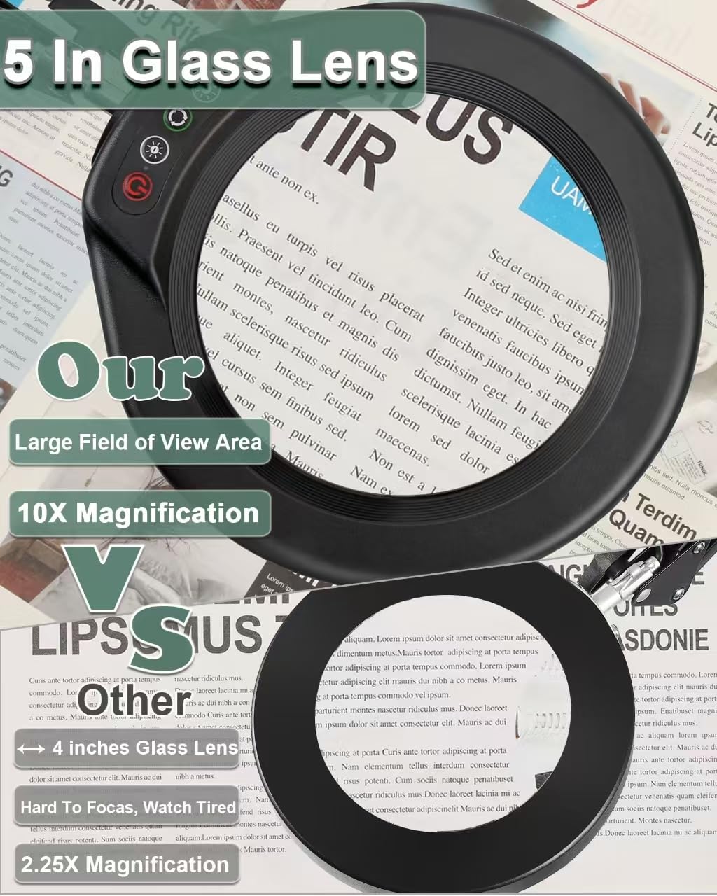 Veemagni 10X 5 Inch Large Magnifying Glass With Light And Clamp, Real Glass Stand Magnifying Desk Lamp, 5 Color Modes Stepless D