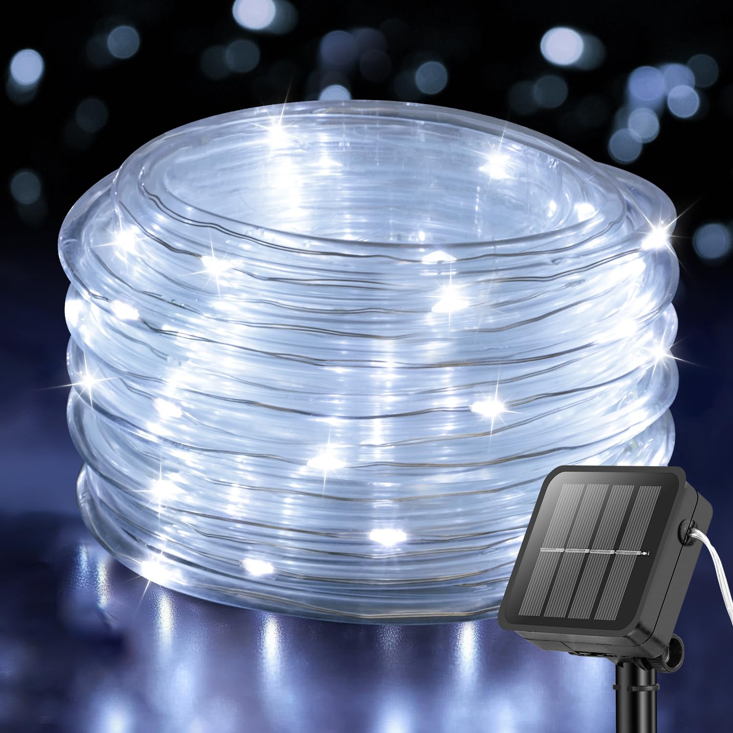 ANJAYLIA Solar Rope Lights, 33FT, 100 LED, Waterproof, 8 Modes, Cool White, Model CWQZD100