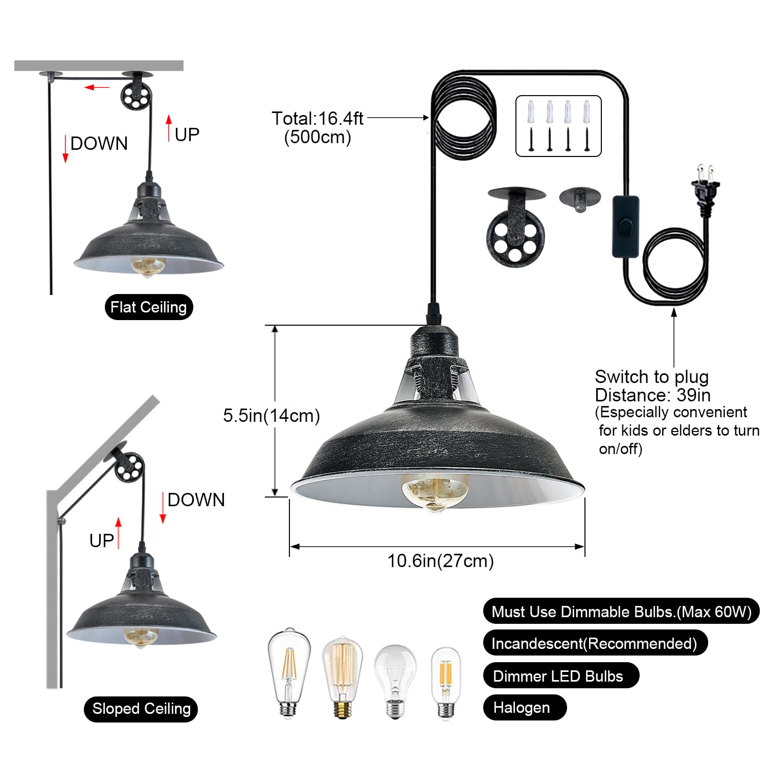 Plug In Pendant Light With Switch,Vintage Industrial Design,16.4Ft Cord,Adjustable Pulley,Easy Install,Ideal For Living Room,Poo