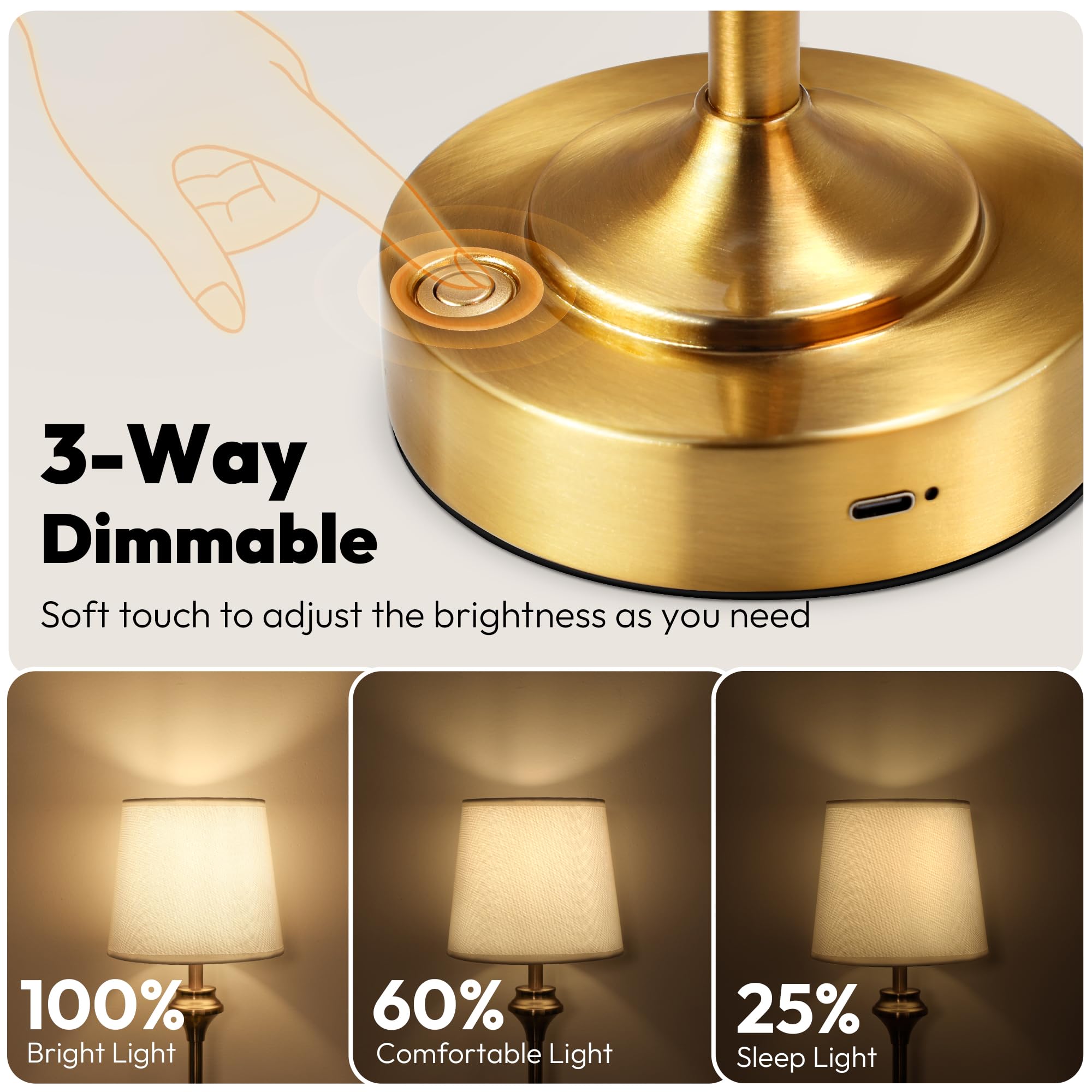 NIORSUN Cordless Table Lamp, 10.2in Battery Operated, 3 Way Dimmable Touch, Metal, Gold, Model CTL00601-W