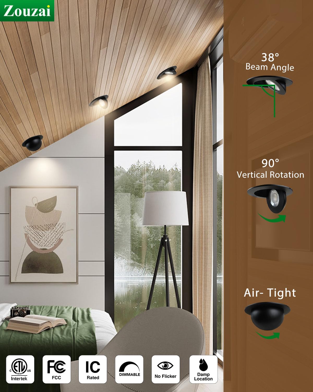 Zouzai 1 Pack 4 Inch Black 5Cct Led Gimbal Led Recessed Light With Junction Box, 360+90 Adjustable Directional Eyeball Lighting,