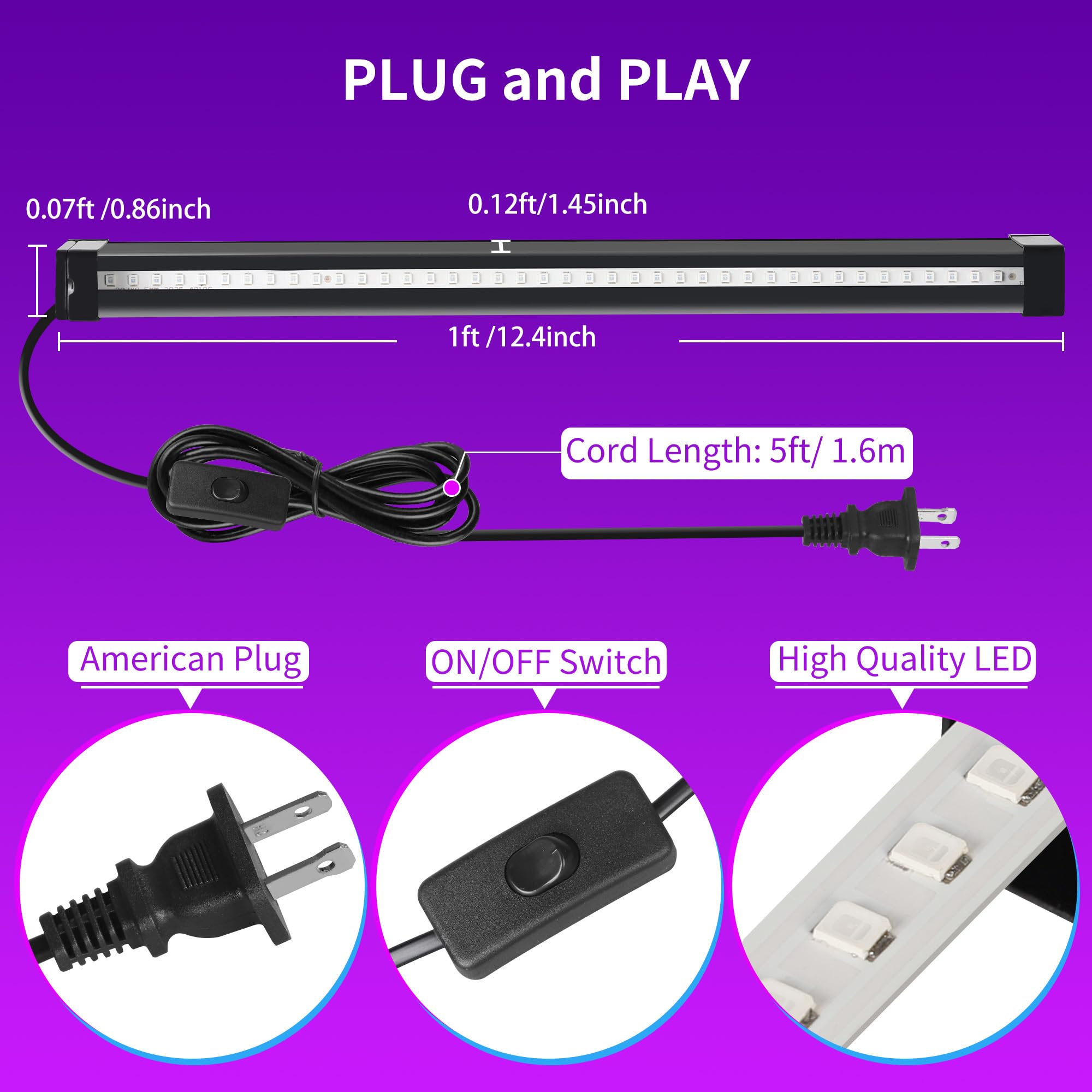Yqnlifa Black Light Bar  15W 1Ft Magnetic Led Black Lights With 5Ft Cord  Portable Blacklights For Glow Party  Fluorescent Poster  Halloween Decorations  Body discomfort-reducingt  Room  Stage Lighting  4 Pack