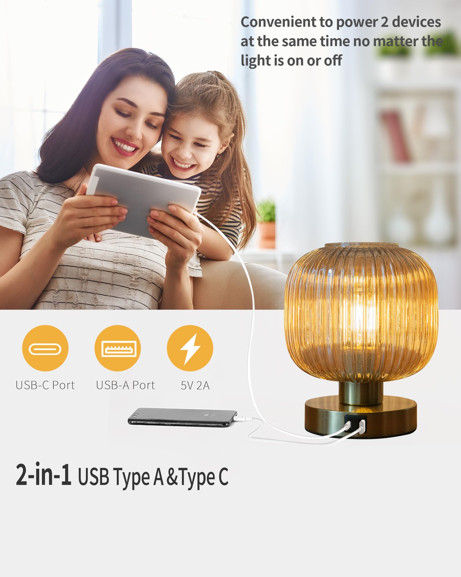 Touch Control Small Table Lamp Set Of 2, Elegant Gold Glass Bedside Lamp 3 Way Dimmable With Usb C+A Charging Ports - Bedroom Ni