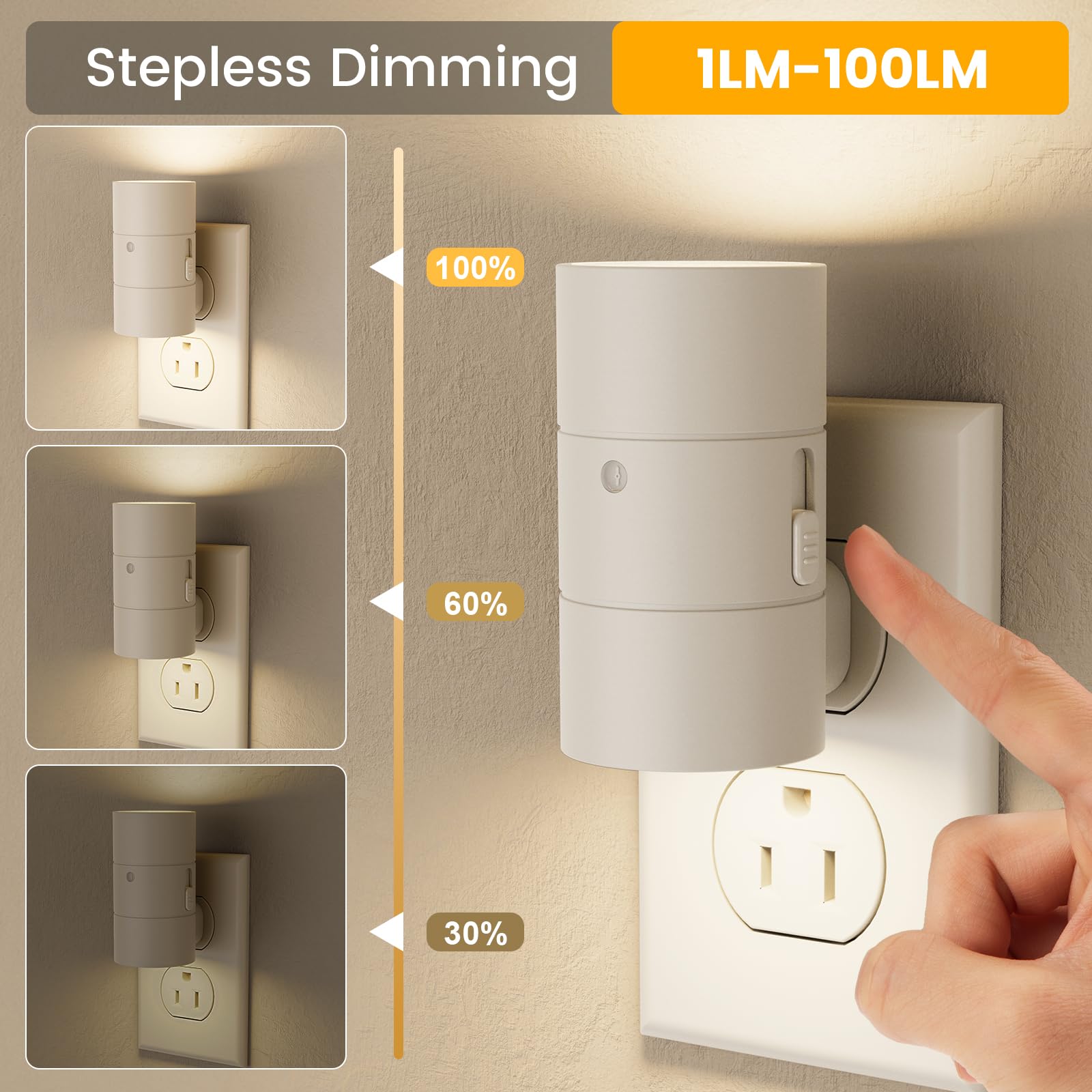 VOLISUN Dimmable LED Night Light, 0-100LM Adjustable Brightness, Amber/3000K/4500K, 4 Pack, White, Model XYD001-amber