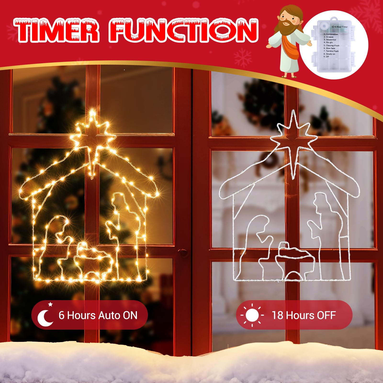 Marchpower Christmas Window Silhouette Lights Battery Operated, 8 Modes Lighted Nativity Scene Wiht Star For Christmas Window Decorations Indoor, Nativity Window Light With Timer Function-Warm White