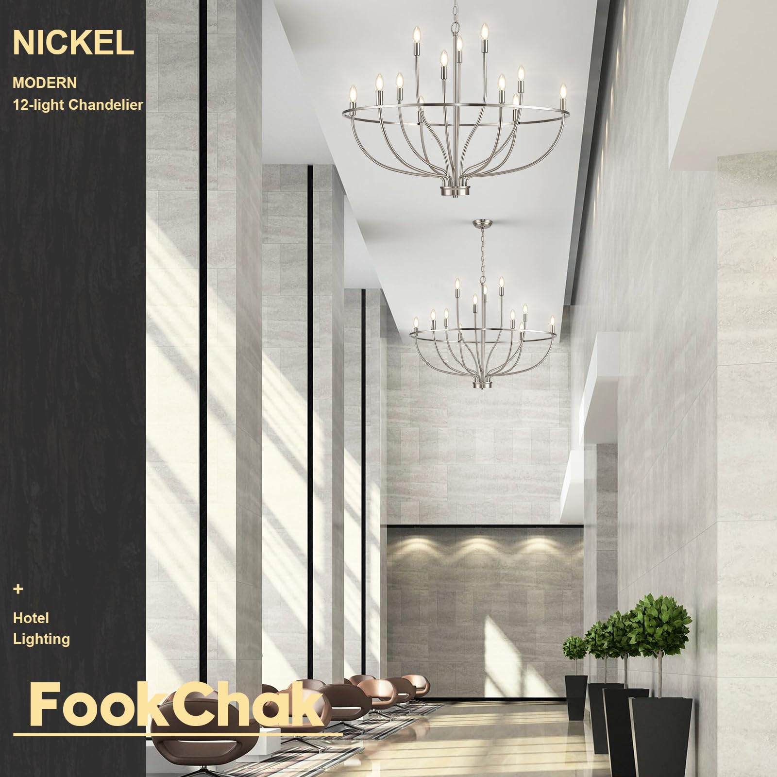 FookChak 12-Light Brushed Nickel Chandelier, 36in Metal Fixture for High Ceilings, Dining, Foyer, Kitchen