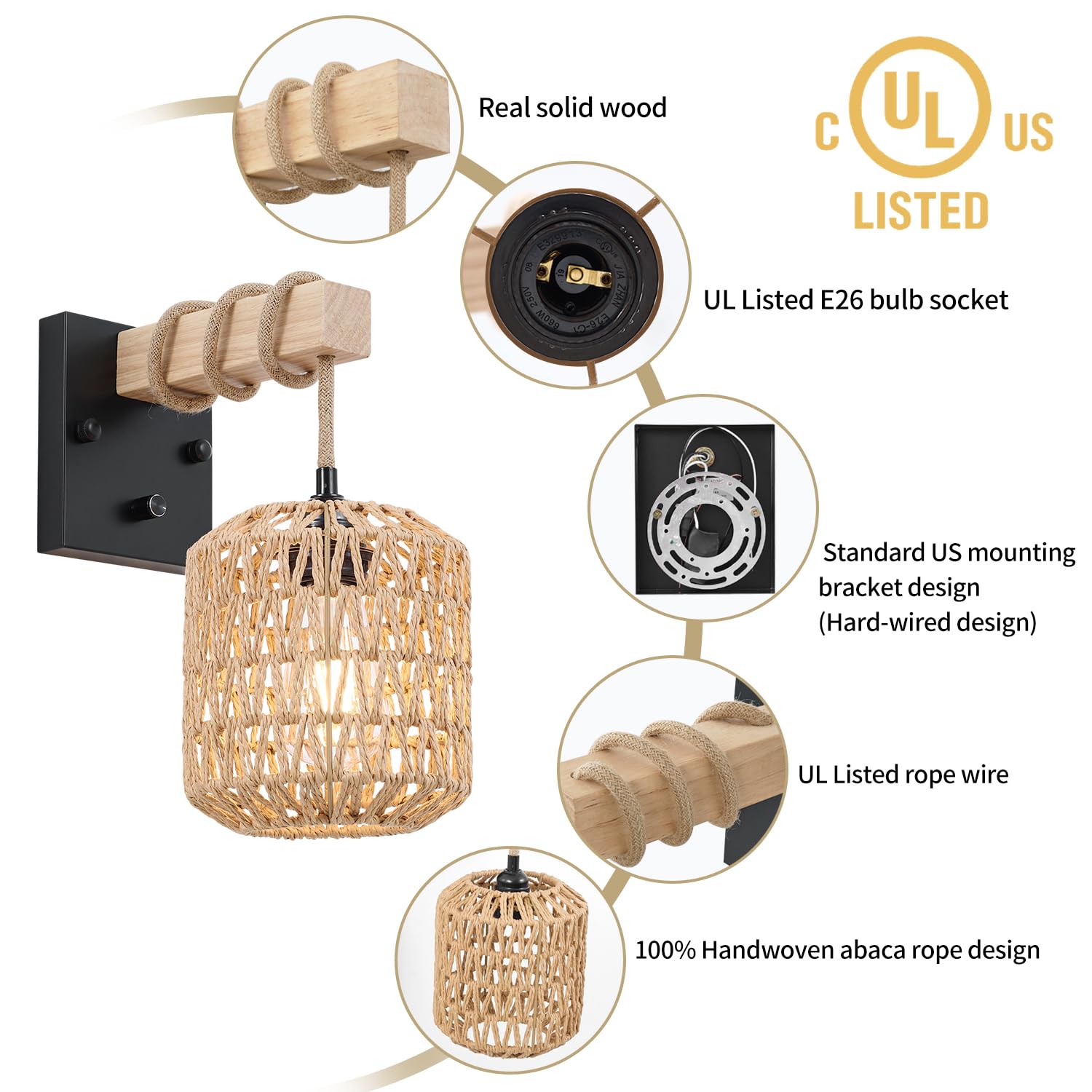 Neechicx Rattan Wall Sconces Set of Two, Hardwired Farmhouse Lamps, Dimmable Switch, Rustic Light Fixtures, 2 Pack