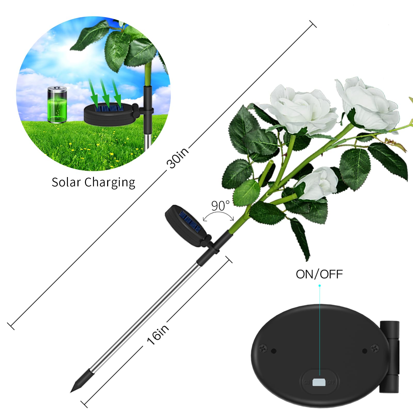 Anordsem Solar Garden Lights, 2 Pack LED White Rose Flowers, Waterproof Outdoor Decor