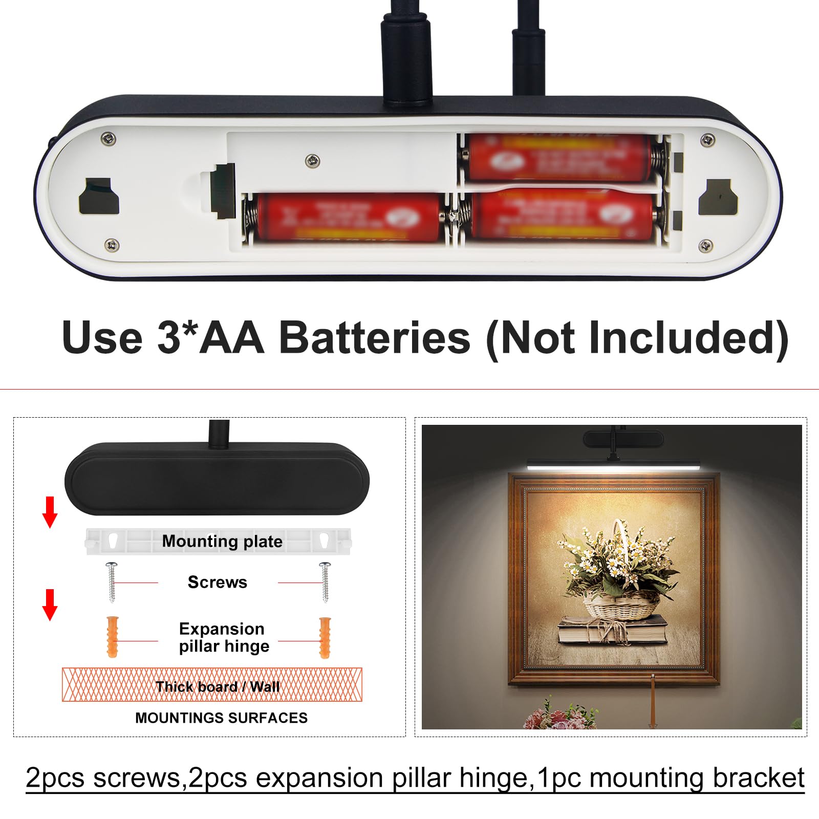 RAIFOOLLY Picture Light, 12inch Metal Wireless Wall Lighting, 3AA Battery, Remote Control, Dimmable, BK-2, Model RF00300