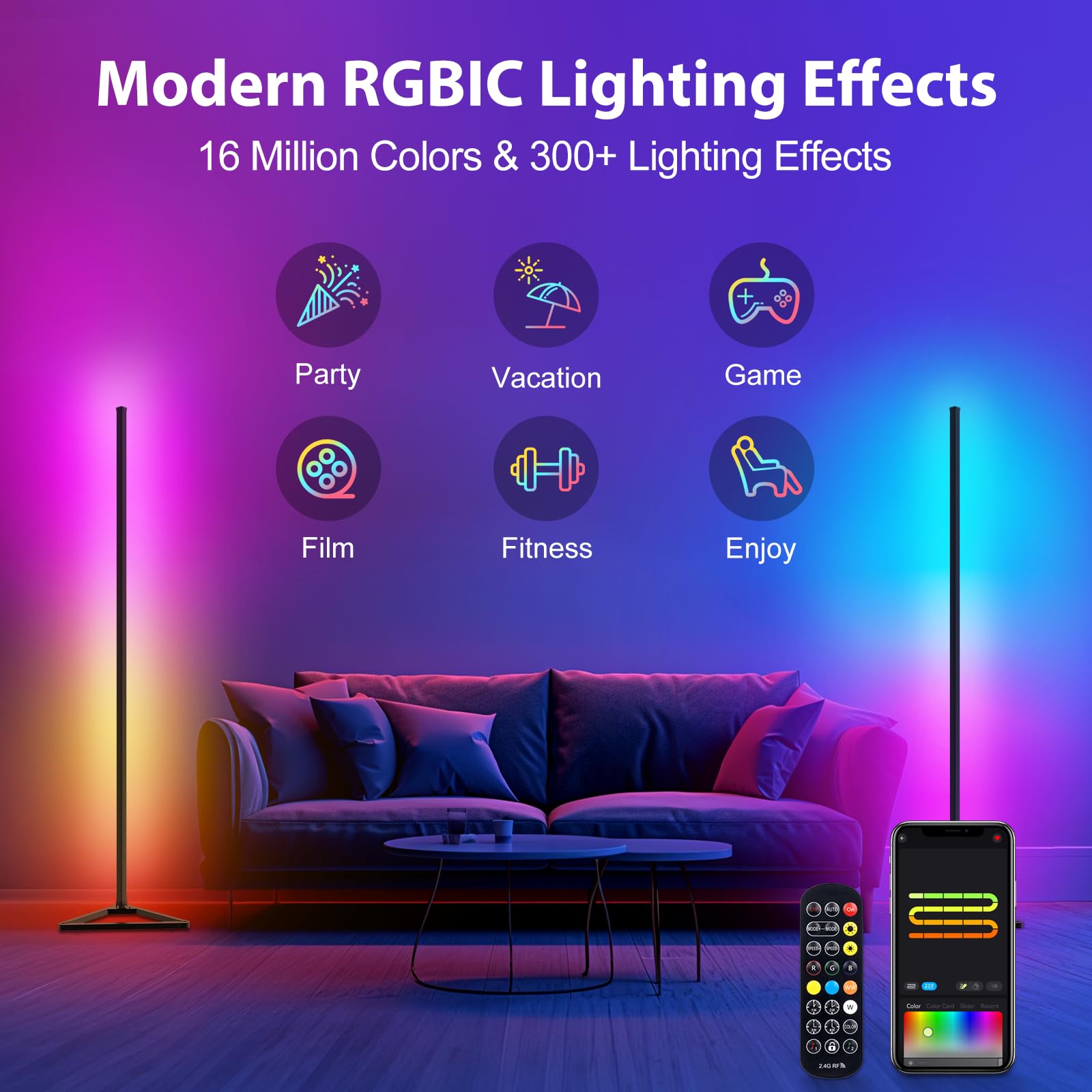 HANDSONIC RGBIC LED Floor Lamp, 141cm Music Sync Standing Lamp, Black, Model DX21004-03, 16 Million Colors for Living Room & Bedroom Decor