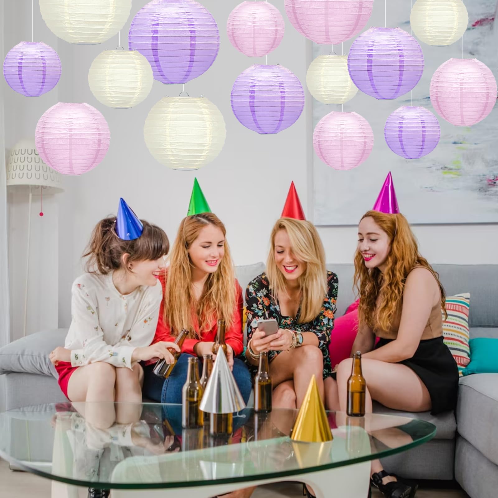 Meiduo 15Pcs Paper Lanterns - Pink Purple White Hanging Decor For Mermaid Theme Parties