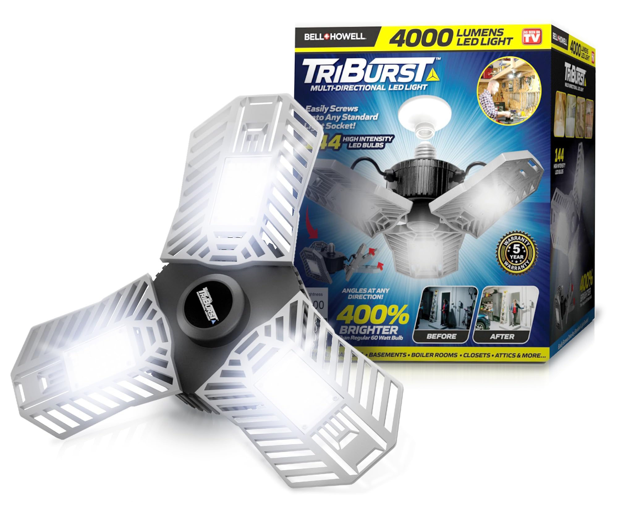 Bell+Howell Triburst 60W Led Ceiling Light, 4000 Lm, 3 Deformable Panels, White