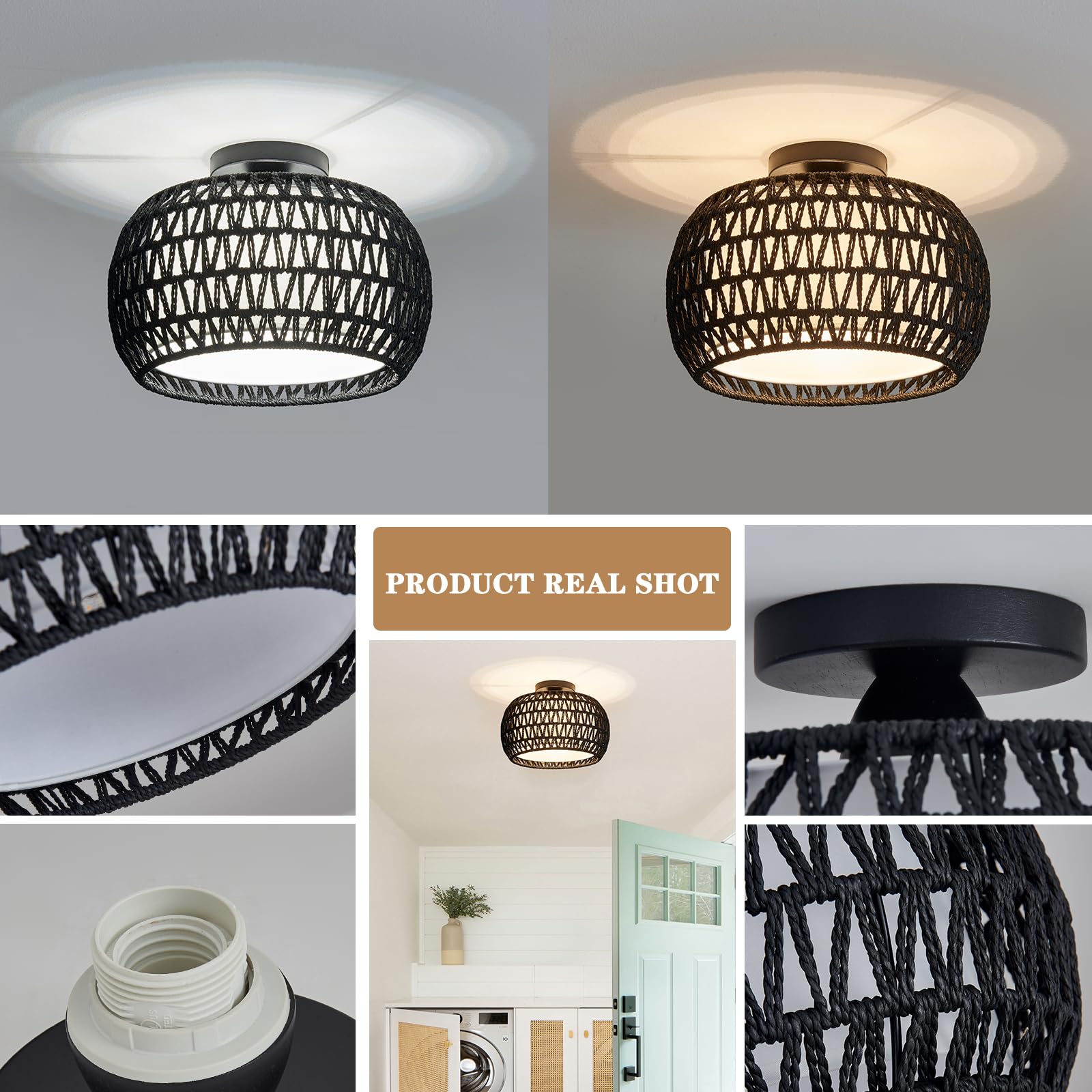 BUXVRCS Rattan Ceiling Light Fixture, Handmade Flush Mount with Fabric Shade, Medium Size, Black, Model MA-003B