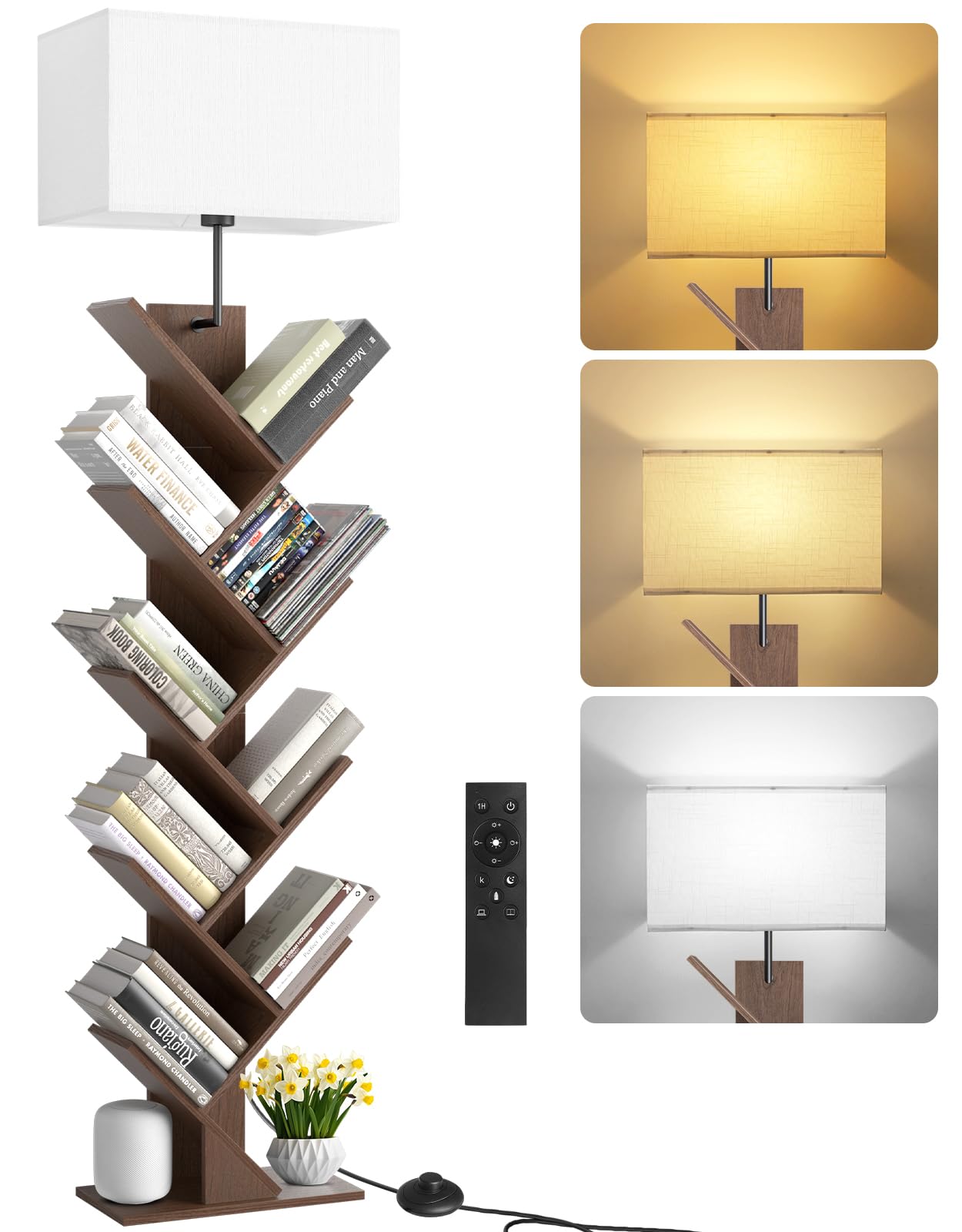 OUTONLIFE 9 Tier Tree Bookshelf, Wood Bookcase with Light, 17x34.5x152.3cm, Walnut, Model YMEUSJ05