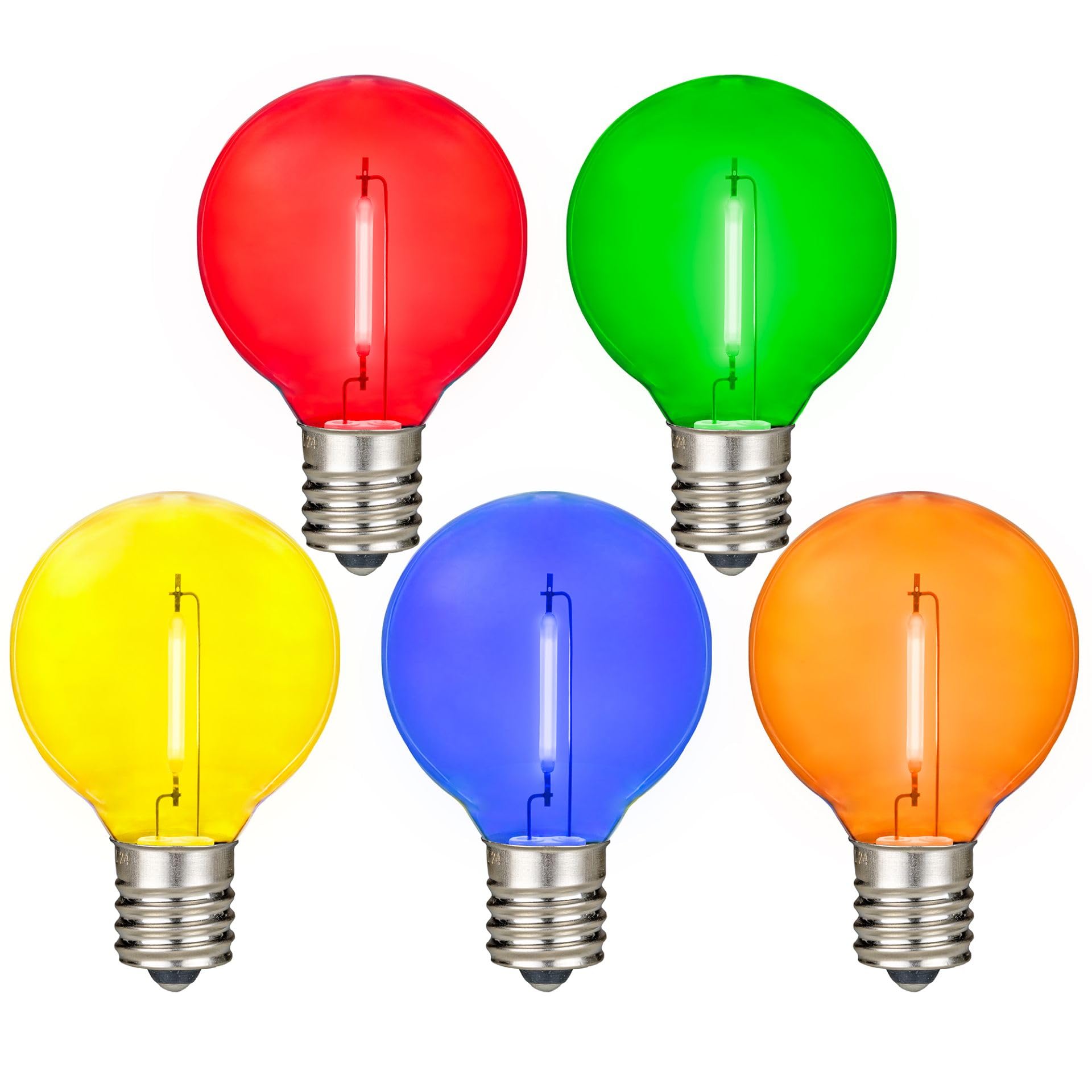 Novelty Lights 25 Pack Multicolor G40 Led Filament String Light Bulbs  E12/C7 Candelabra Base  5 Watt Equivalent  Shatterproof Replacement Bulbs For Patios  Canopy Lighting