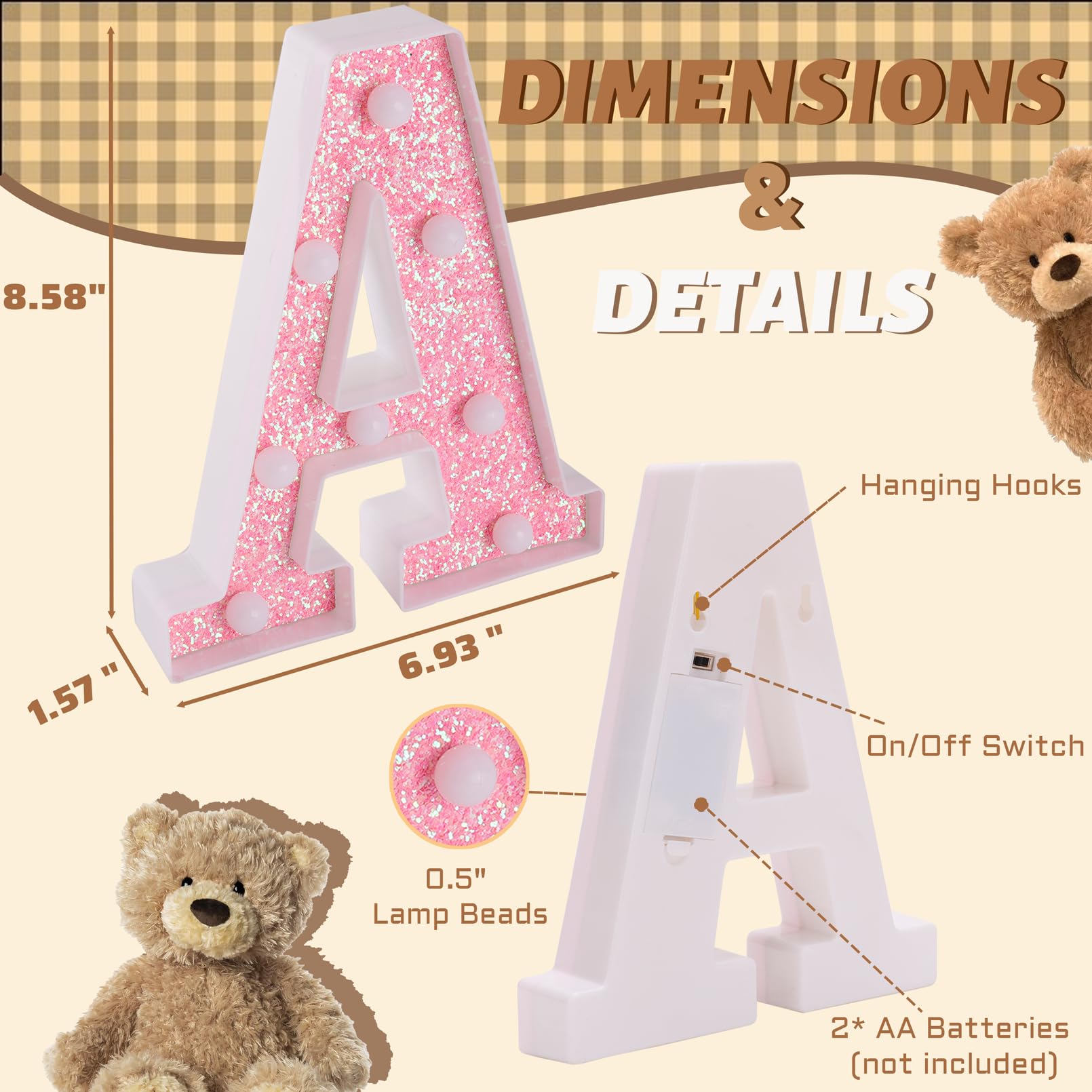TRONSBOO LED Letter Light - Pink Glitter Marquee Letter A, Battery Powered, 6.93in x 8.58in x 1.57in, Perfect for Parties and Decorations