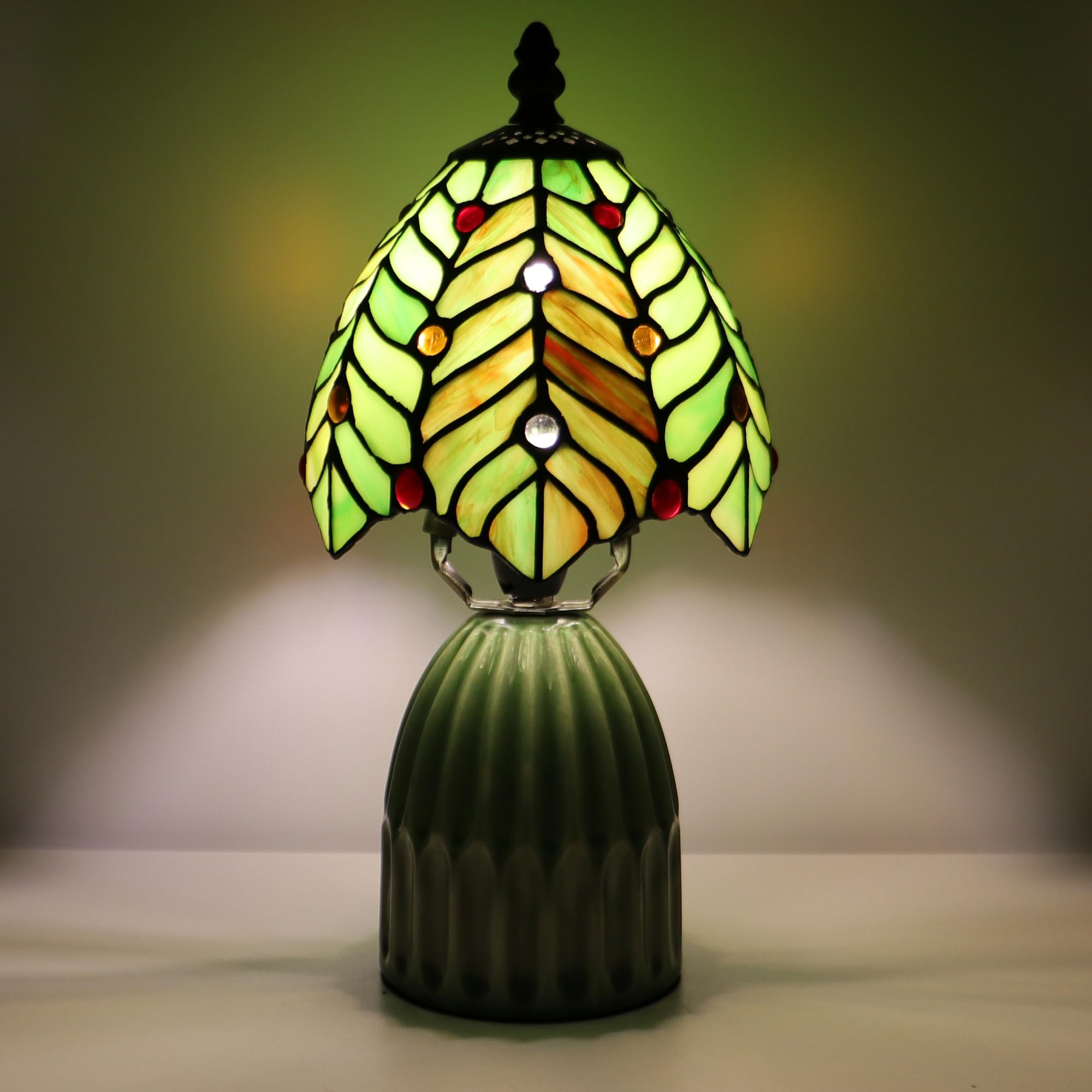 MQYXH Stained Glass Mushroom Table Lamps 6X6X12.5 Inch Green Coconut Leave Style Small Night Light Ceramic Base Mini Accent Desk Light Suitable for Bedside Table Bedroom Children Room