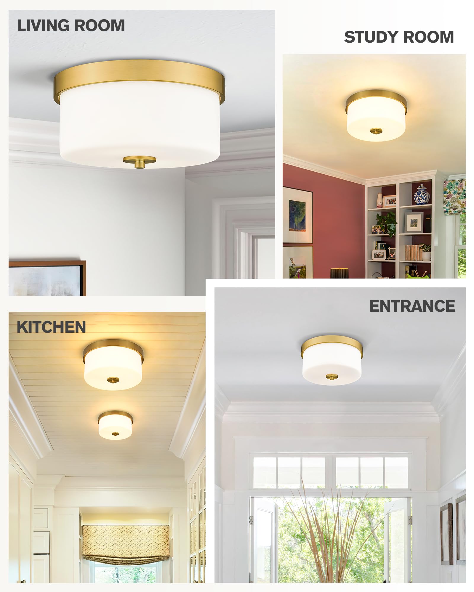 Emak 11&quot; Brushed Gold Flush Mount Ceiling Light Fixture With Milk Glass Shades - 2-Light