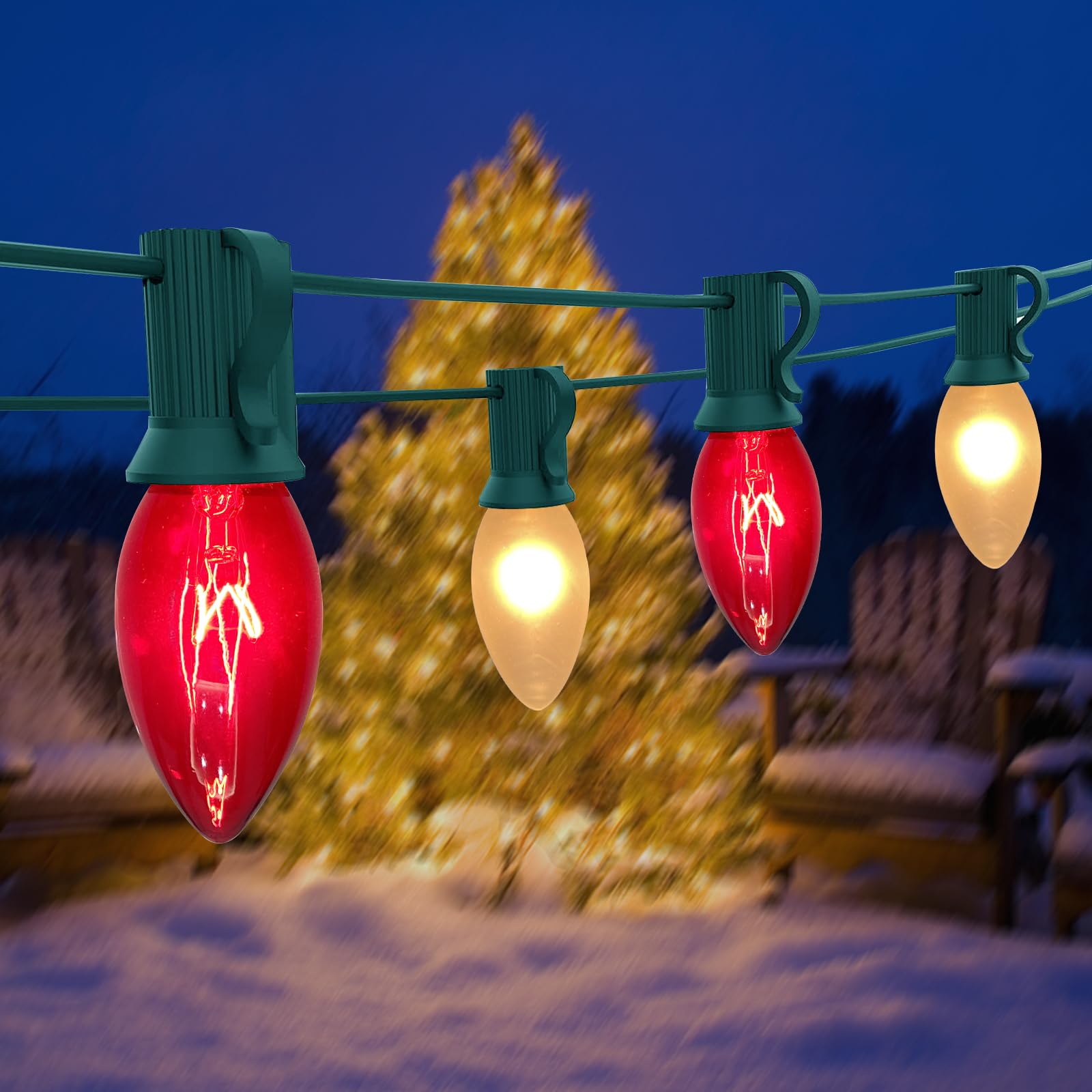 Abeja C9 Christmas Lights Outdoor, 25Ft, Clear Red/Frosted White, Ceramic Incandescent Bulbs, Vintage Decoration