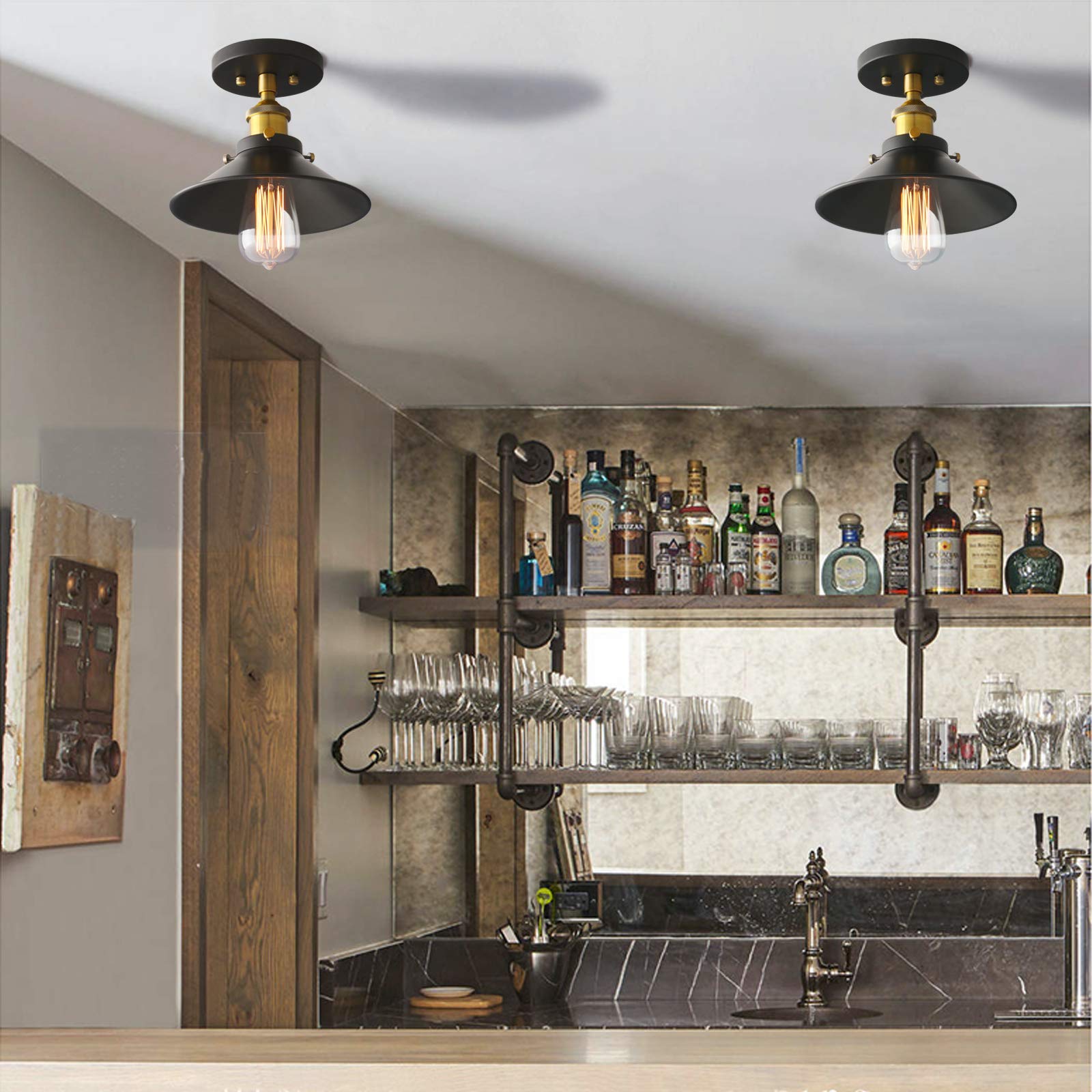 Pathson Vintage Ceiling Light With Metal Shade, Farmhouse Ceiling Lamp Fixtures For Hallway Loft Kitchen Bar, Brass Black Semi-F