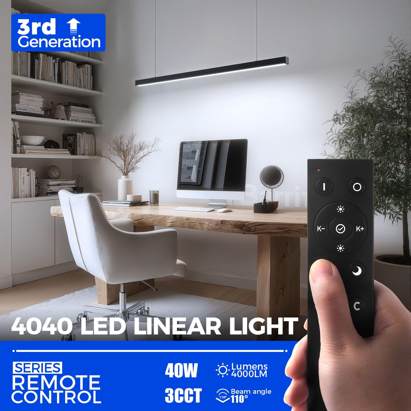 Barrina LED Linear Light Fixture, 4FT 40W, Color Changing 3000K-6000K, Dimmable, Aluminum, 1 Pack, 4040 Series, Black