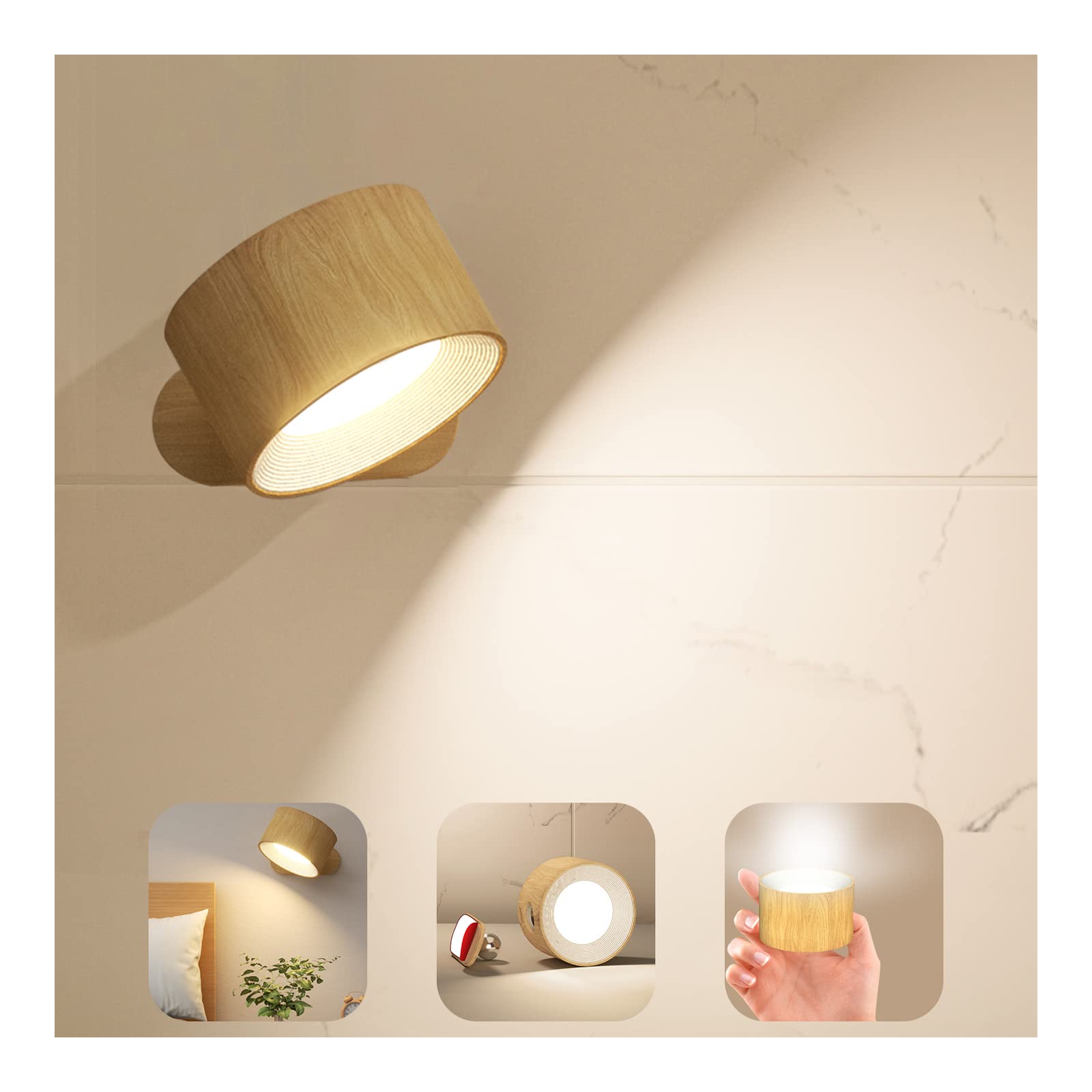 Koopala LED Wall Sconces, Cordless Glass Lamps with USB Port, 3 Color Temperatures & Brightness Levels, A-Wood Finish