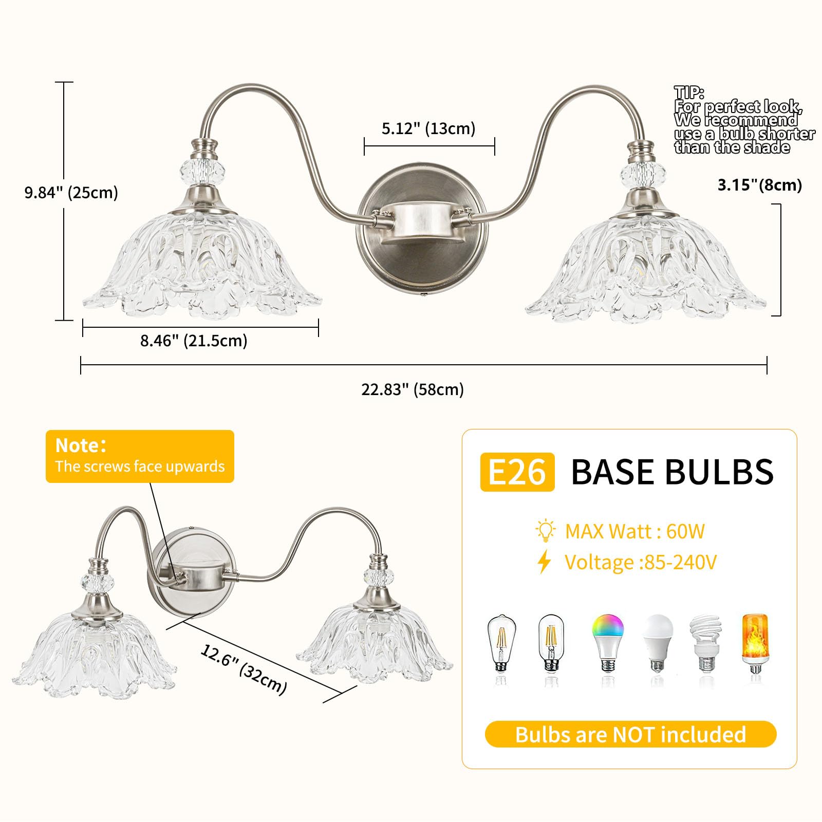 Sunkryster 2-Light Brushed Nickel Bathroom Vanity Light with Floral Glass Shades, Model Sun-104AB-2-Nickel