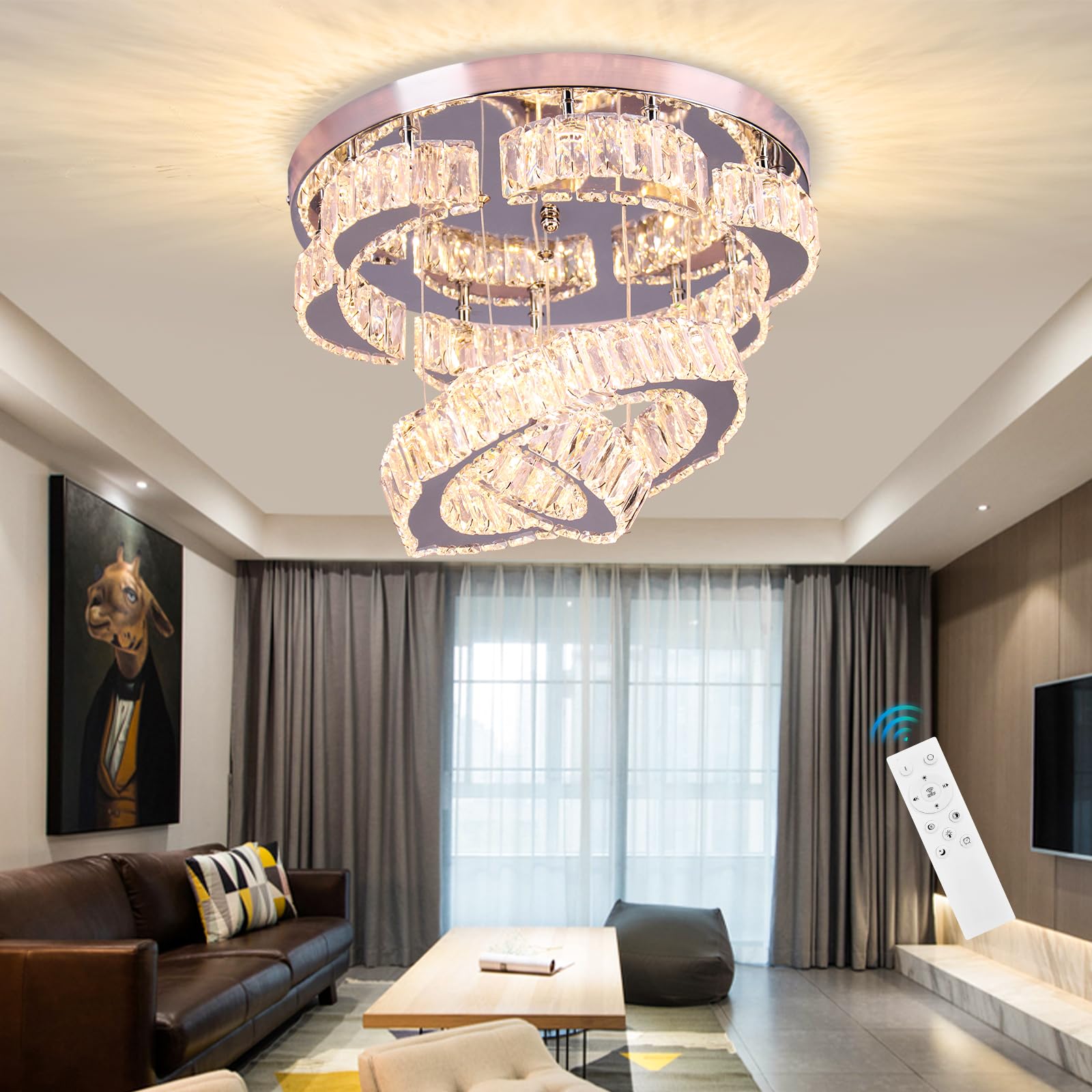 Xychfantligh 15.7'' Modern Crystal Chandelier 2 Rings Round Flush Mount Ceiling Light Flower Led Dimmable Chandeliers For Bedroo