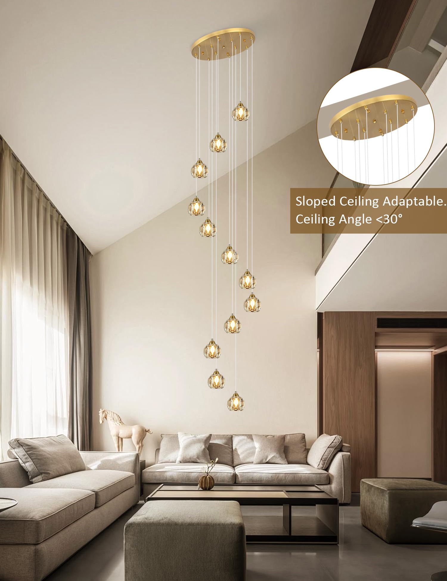 Weesalife 12-Light Crystal Chandelier, Brass Modern Pendant Light Fixture for Staircases, High Ceilings, Model 8817-12C BR