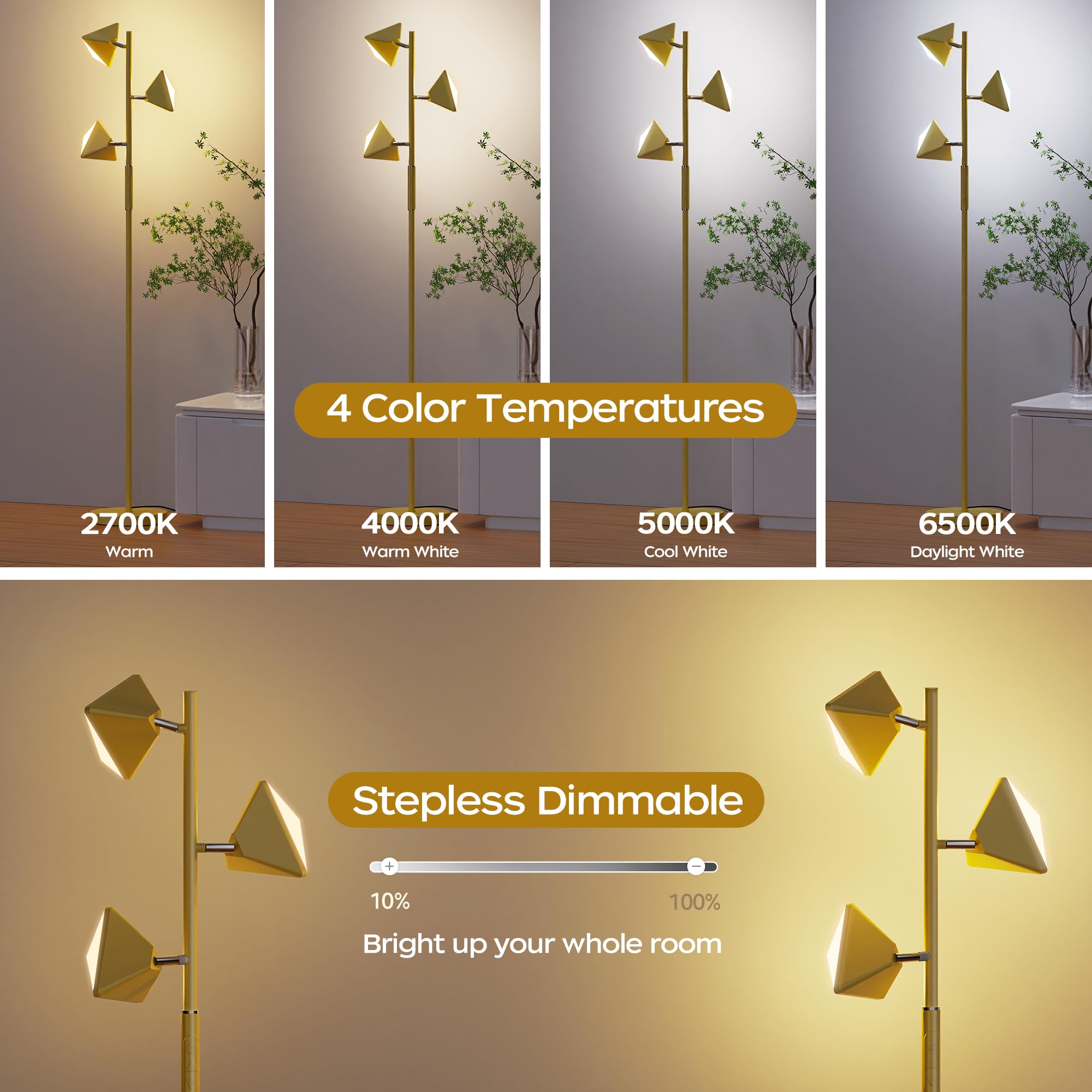 ROTTOGOON RGBCW LED Floor Lamp, 36W Color Changing, Dimmable, Touch & Remote Control, Gold, Model ROFP086BJ1