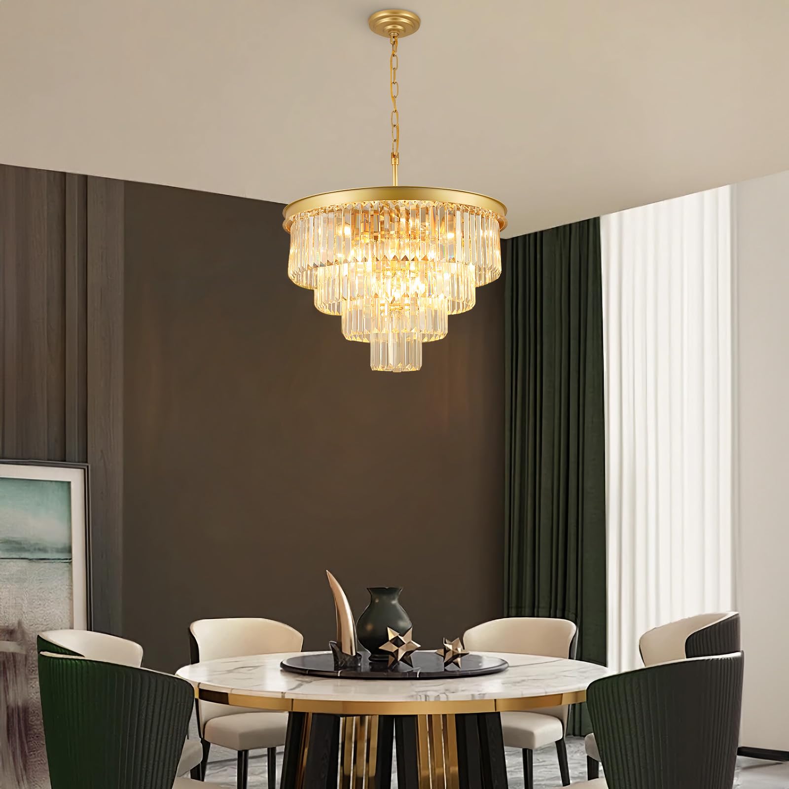 Crystal Chandeliers For Dining Room Lights Fixture Over Table  15 Lights Gold Modern Chandeliers For Living Room  4-Tier Round Crystal Lighting Fixtures For Bedroom Entryway Kitchen Island D24 Inch